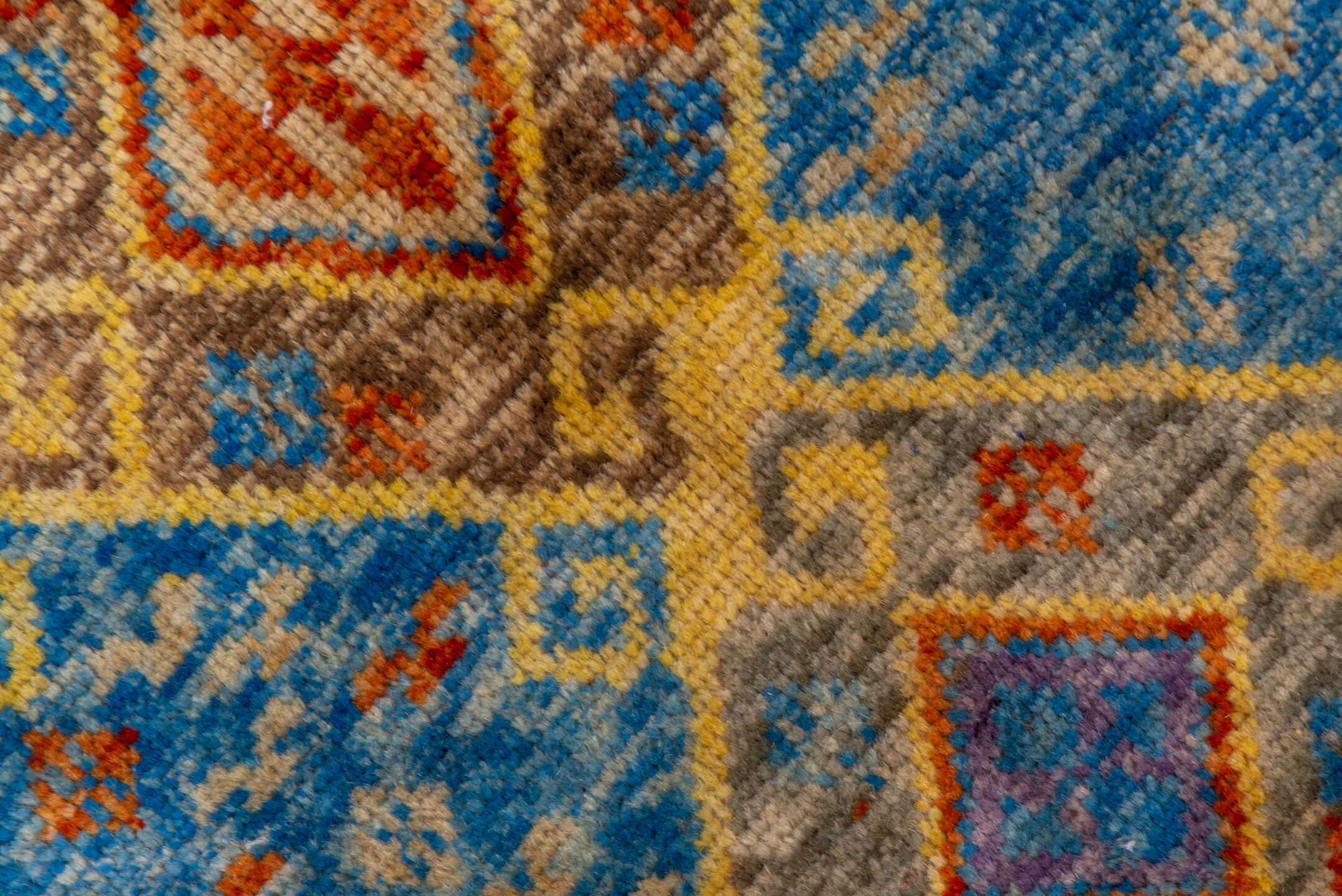 5' x 6' one-of-a-kind handmade vintage Gabbe rug. Color palette: sky blue, ivory, rust, gold, lavender, taupe, slate