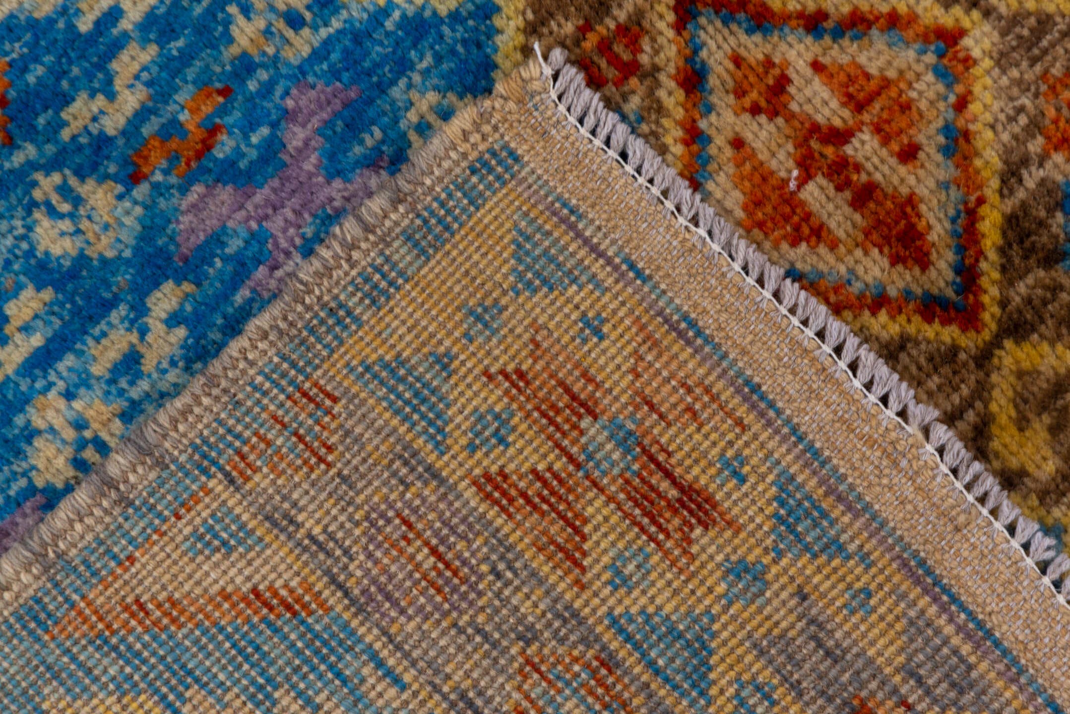 5' x 6' one-of-a-kind handmade vintage Gabbe rug. Color palette: sky blue, ivory, rust, gold, lavender, taupe, slate