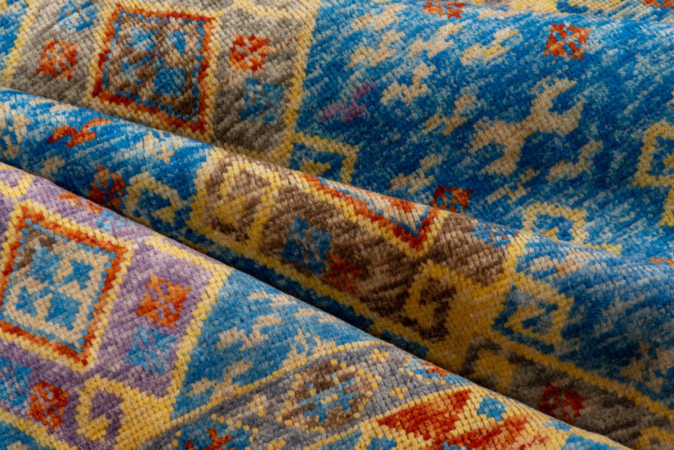 5' x 6' one-of-a-kind handmade vintage Gabbe rug. Color palette: sky blue, ivory, rust, gold, lavender, taupe, slate
