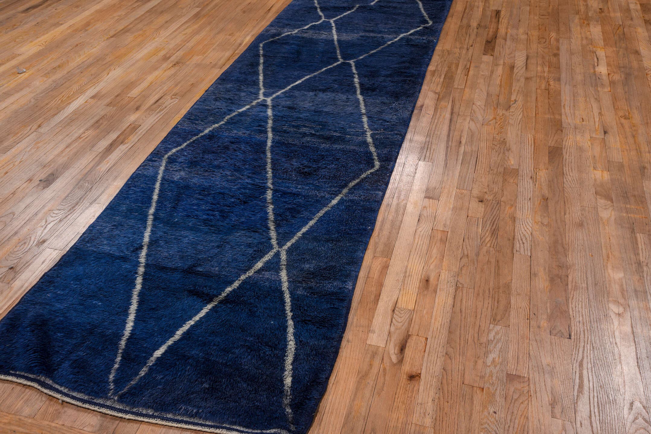3' x 15' one-of-a-kind handmade vintage Moroccan runner rug. Color palette: navy, ivory, slate, blue, gray