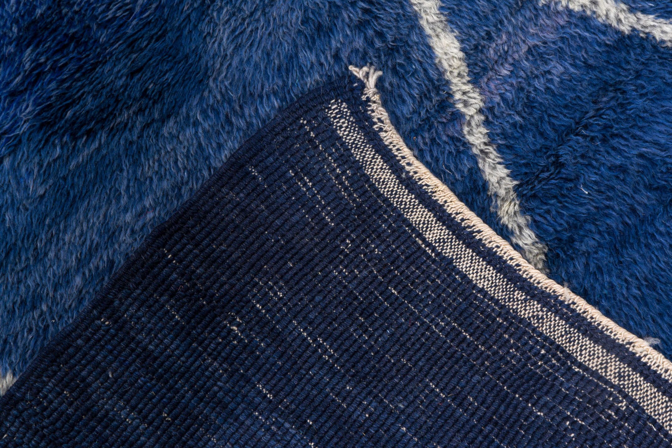 3' x 15' one-of-a-kind handmade vintage Moroccan runner rug. Color palette: navy, ivory, slate, blue, gray