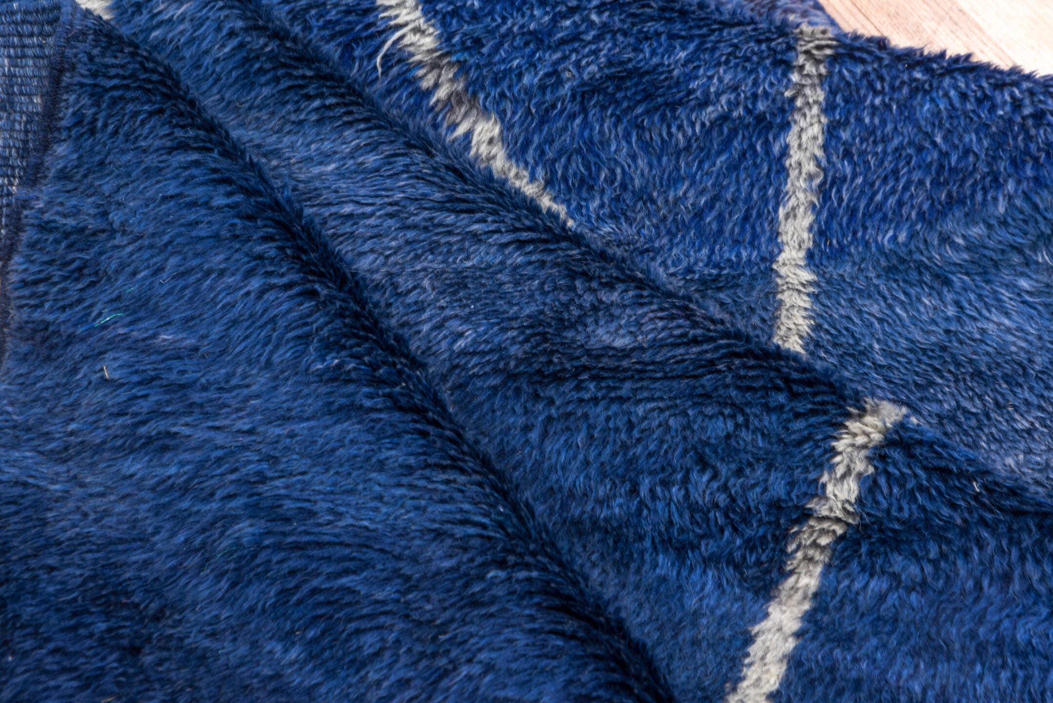 3' x 15' one-of-a-kind handmade vintage Moroccan runner rug. Color palette: navy, ivory, slate, blue, gray