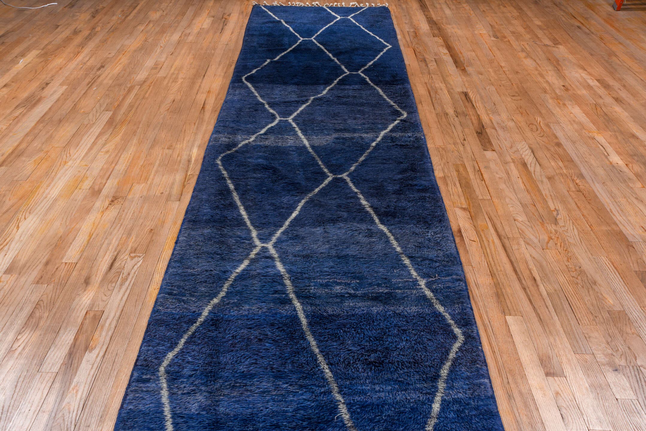 3' x 15' one-of-a-kind handmade vintage Moroccan runner rug. Color palette: navy, ivory, slate, blue, gray