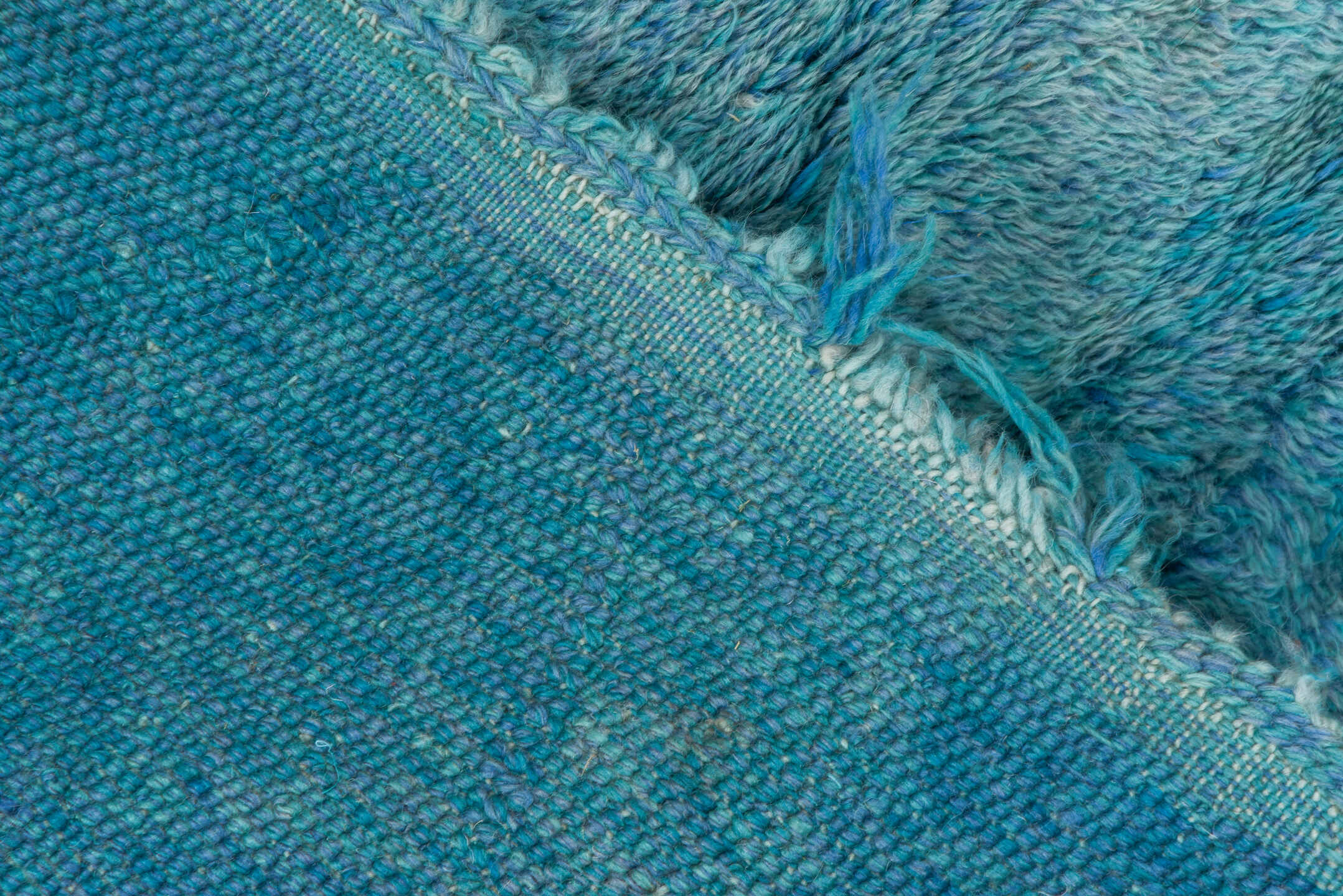 2' x 13' one-of-a-kind handmade vintage Moroccan runner rug. Color palette: aqua, sky blue, turquoise, ivory, teal