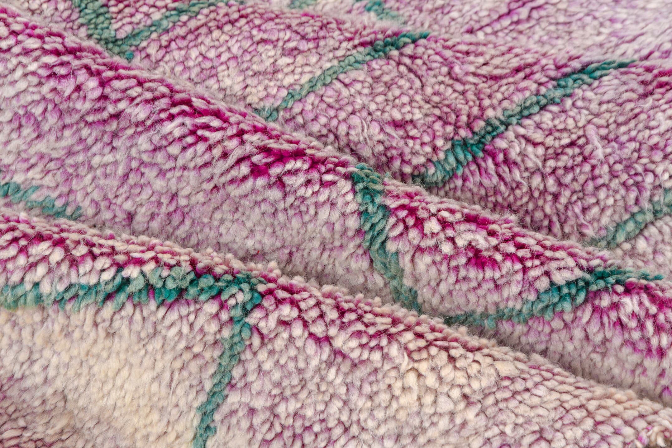 5' x 6' one-of-a-kind handmade vintage Moroccan rug. Color palette: mauve, ivory, mint, rose, pink, purple, green, red