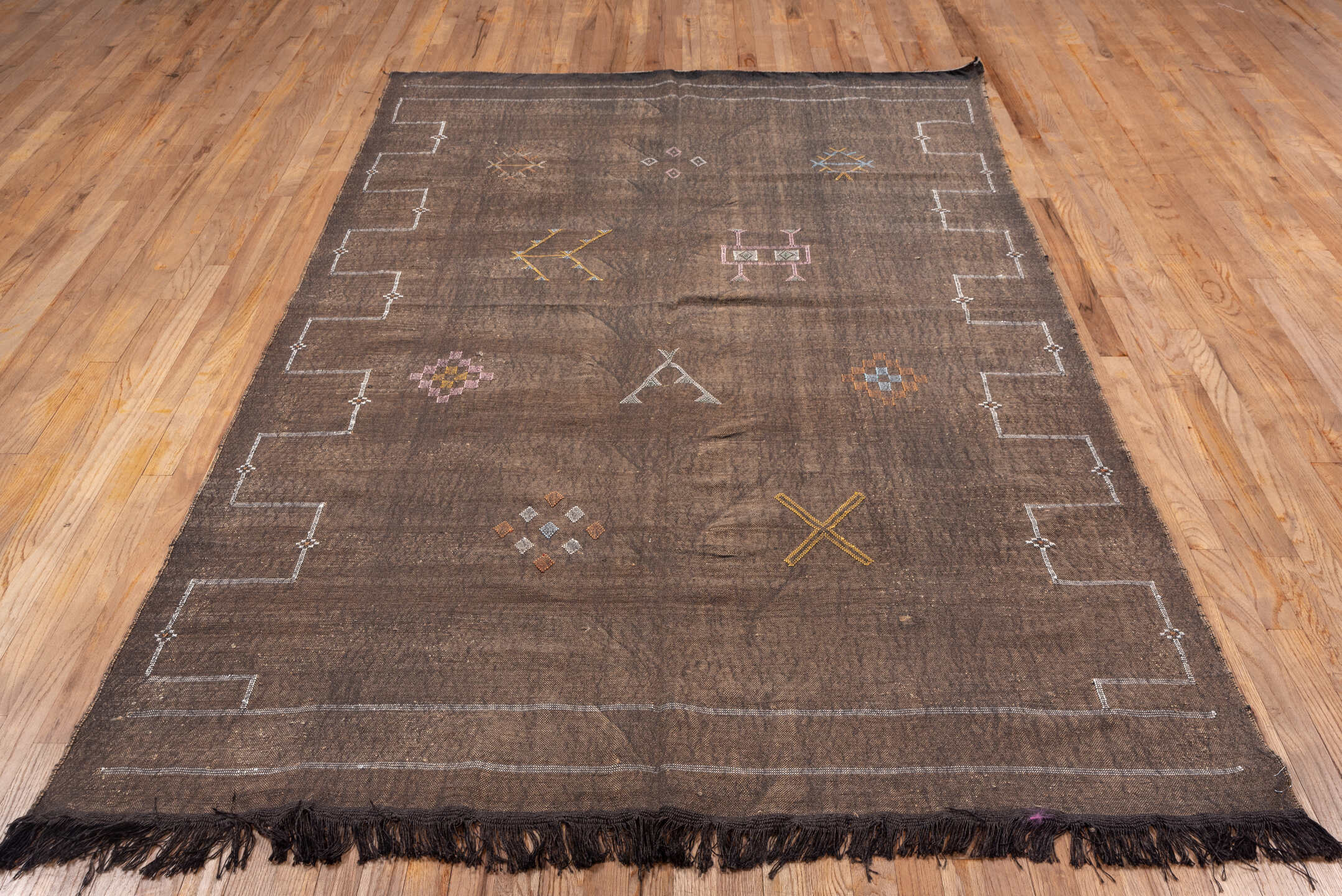 5' x 8' one-of-a-kind handmade vintage Cactus Kilim medium size rug. Color palette: black, brown, dark gray, gray