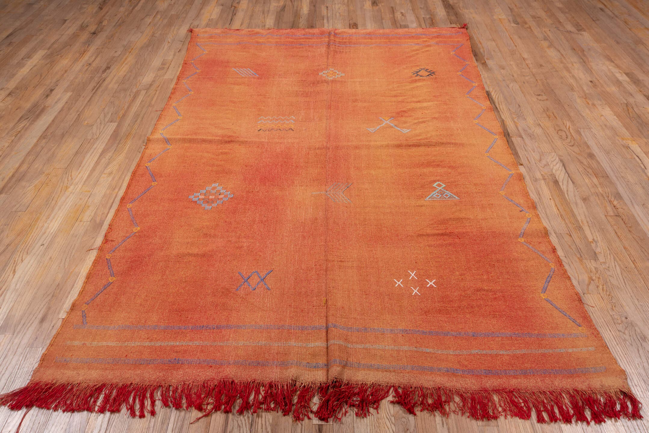 5' x 9' one-of-a-kind handmade vintage Cactus Kilim medium size rug. Color palette: terra cotta, rust, dusty lavender, gold