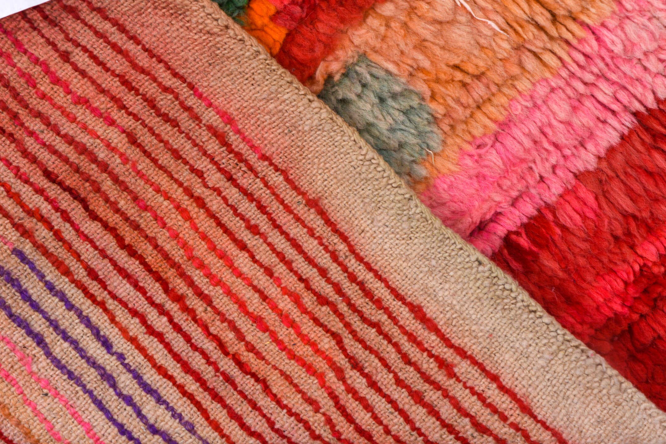 5' x 7' one-of-a-kind handmade vintage Moroccan rug. Color palette: coral, red, crimson, peach, pink, ivory, sage, lavender
