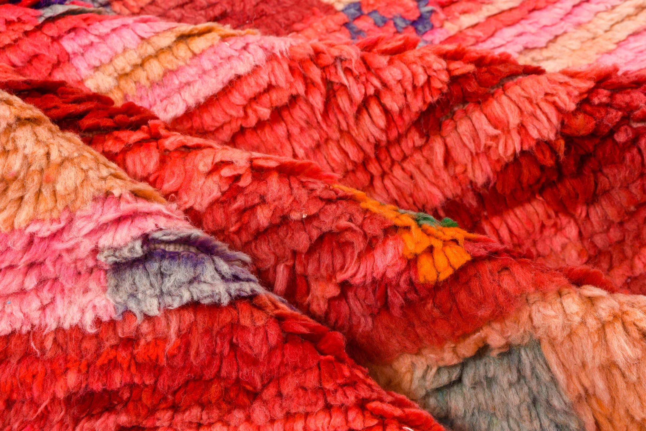 5' x 7' one-of-a-kind handmade vintage Moroccan rug. Color palette: coral, red, crimson, peach, pink, ivory, sage, lavender