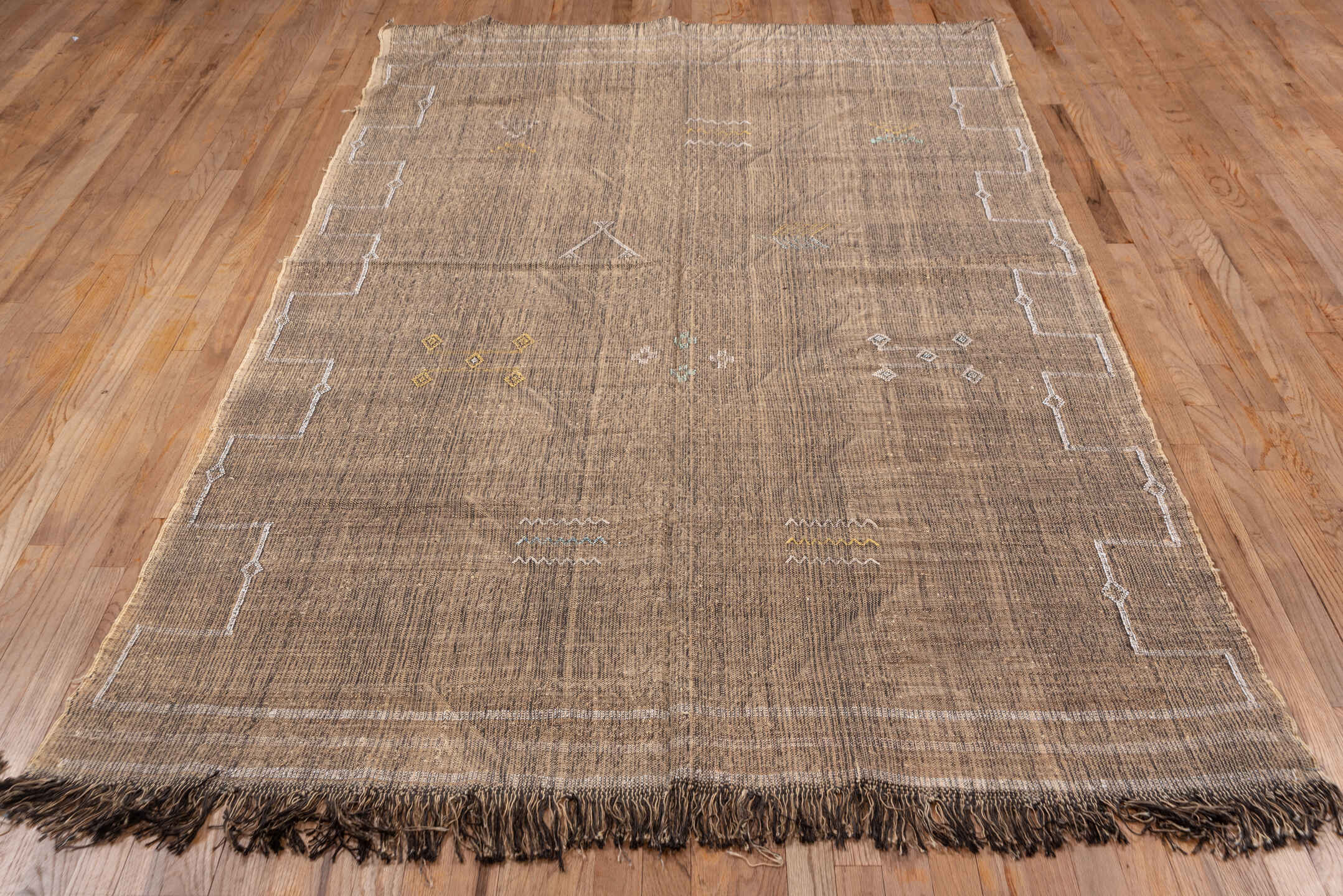5' x 8' one-of-a-kind handmade vintage Cactus Kilim medium size rug. Color palette: taupe, brown, ivory, camel, gold, aqua
