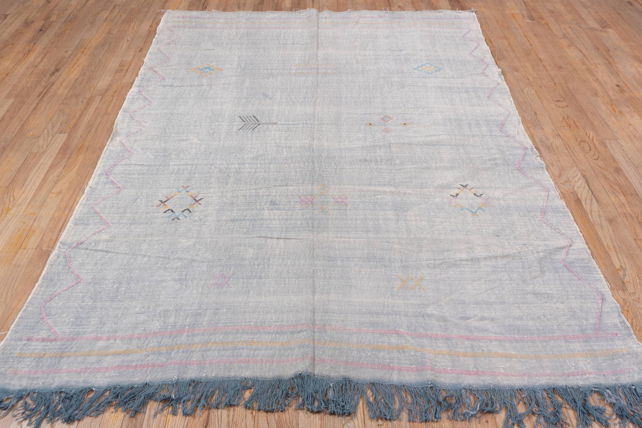 6' x 9' one-of-a-kind handmade vintage Cactus Kilim medium size rug. Color palette: pale blue, pink, ivory, gold, charcoal