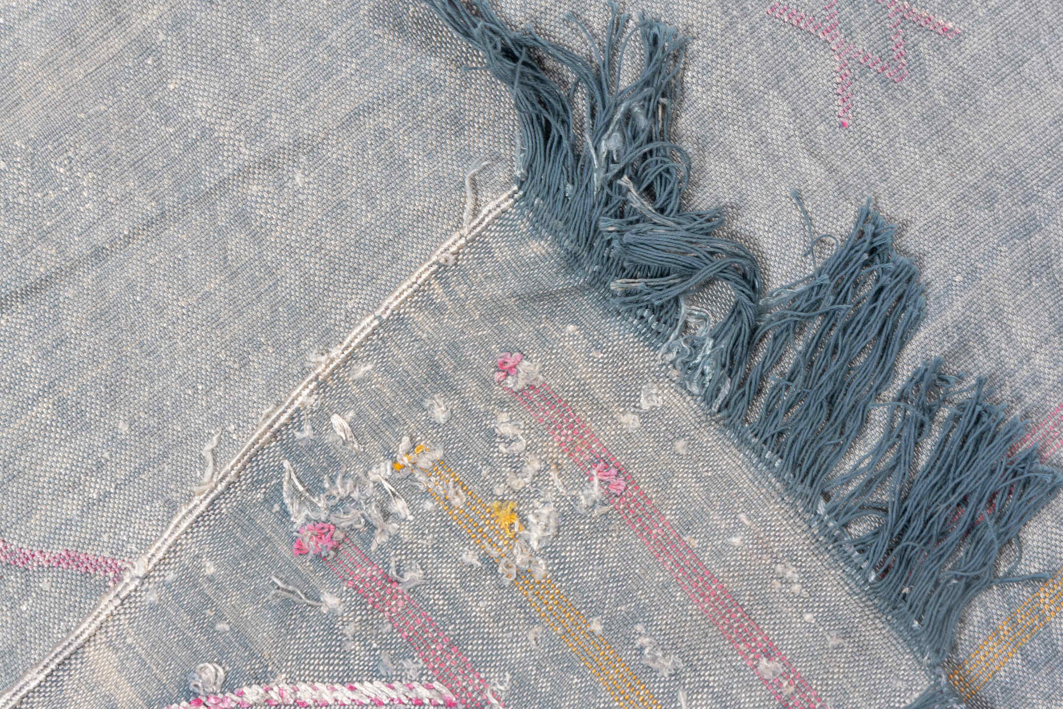 6' x 9' one-of-a-kind handmade vintage Cactus Kilim medium size rug. Color palette: black, blue, dark gray, gray, light blue