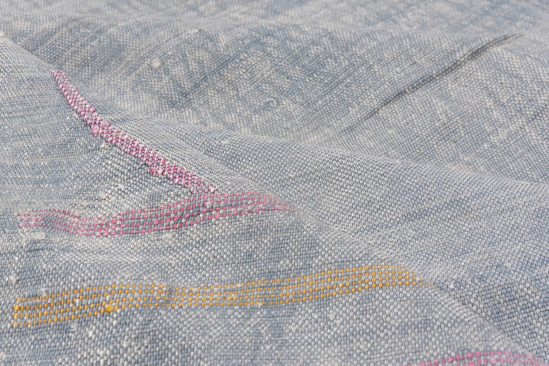 6' x 9' one-of-a-kind handmade vintage Cactus Kilim medium size rug. Color palette: pale blue, pink, ivory, gold, charcoal