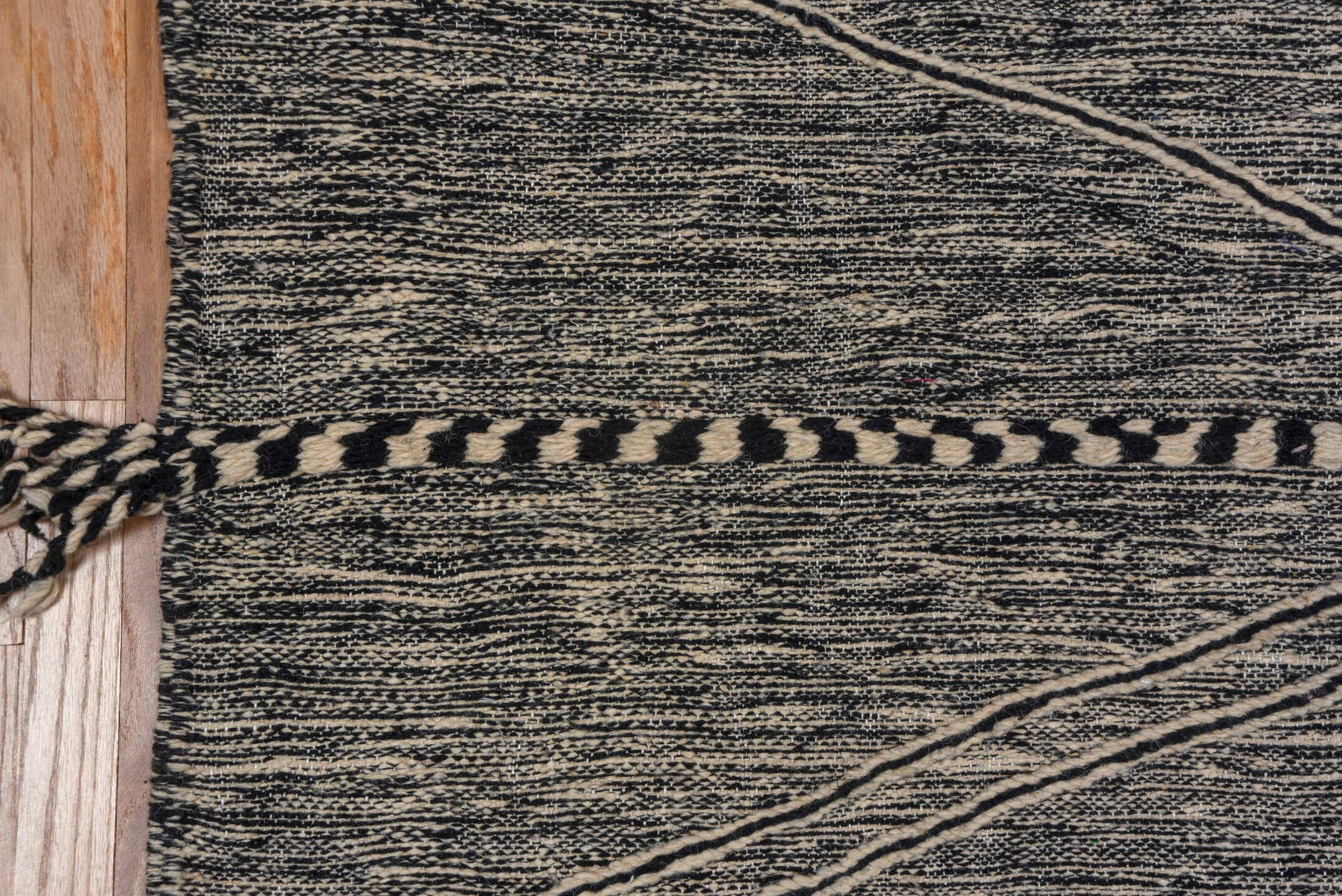 6' x 10' one-of-a-kind handmade vintage Kilim large size rug. Color palette: black, dim gray, gray, light gray, off-white