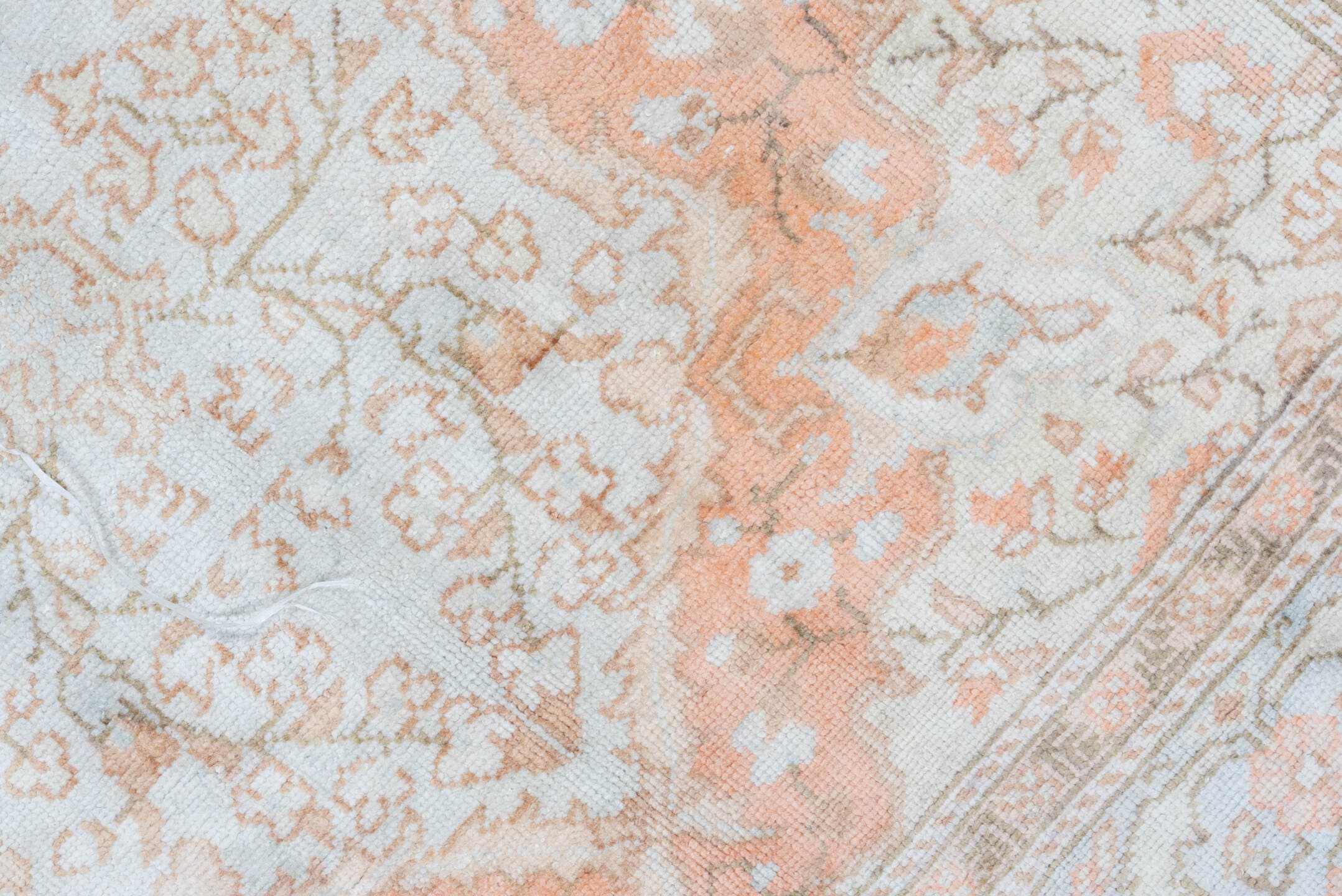 3' x 6' one-of-a-kind handmade antique Kaisary small size rug. Color palette: ivory, blush, peach, pale blue, taupe, beige