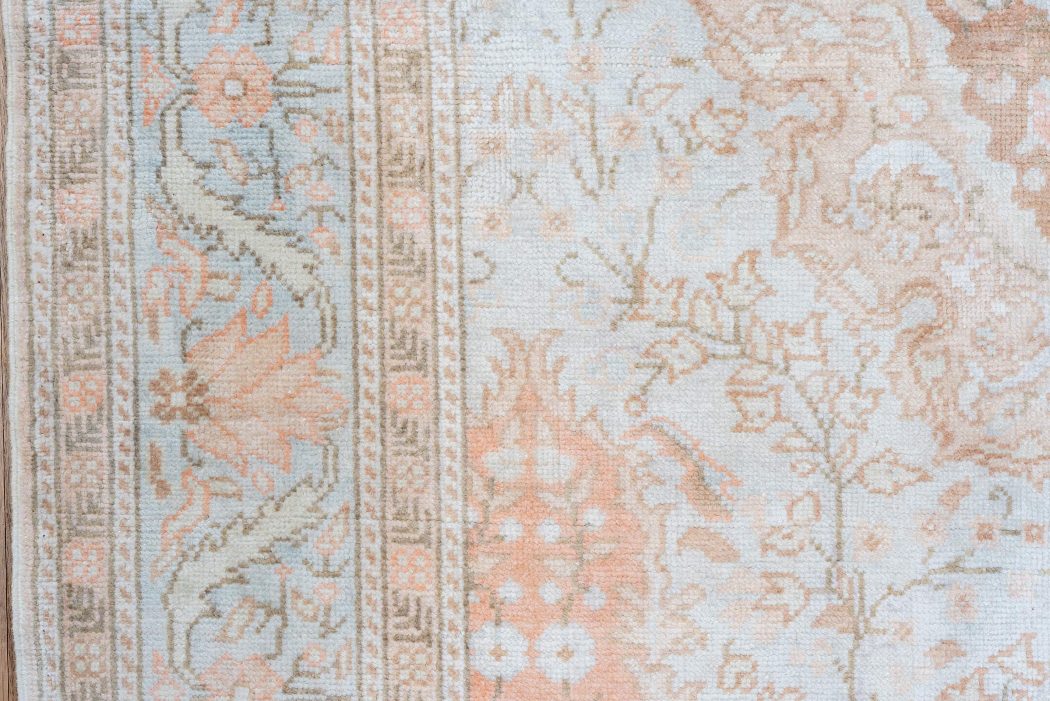 3' x 6' one-of-a-kind handmade antique Kaisary small size rug. Color palette: ivory, blush, peach, pale blue, taupe, beige