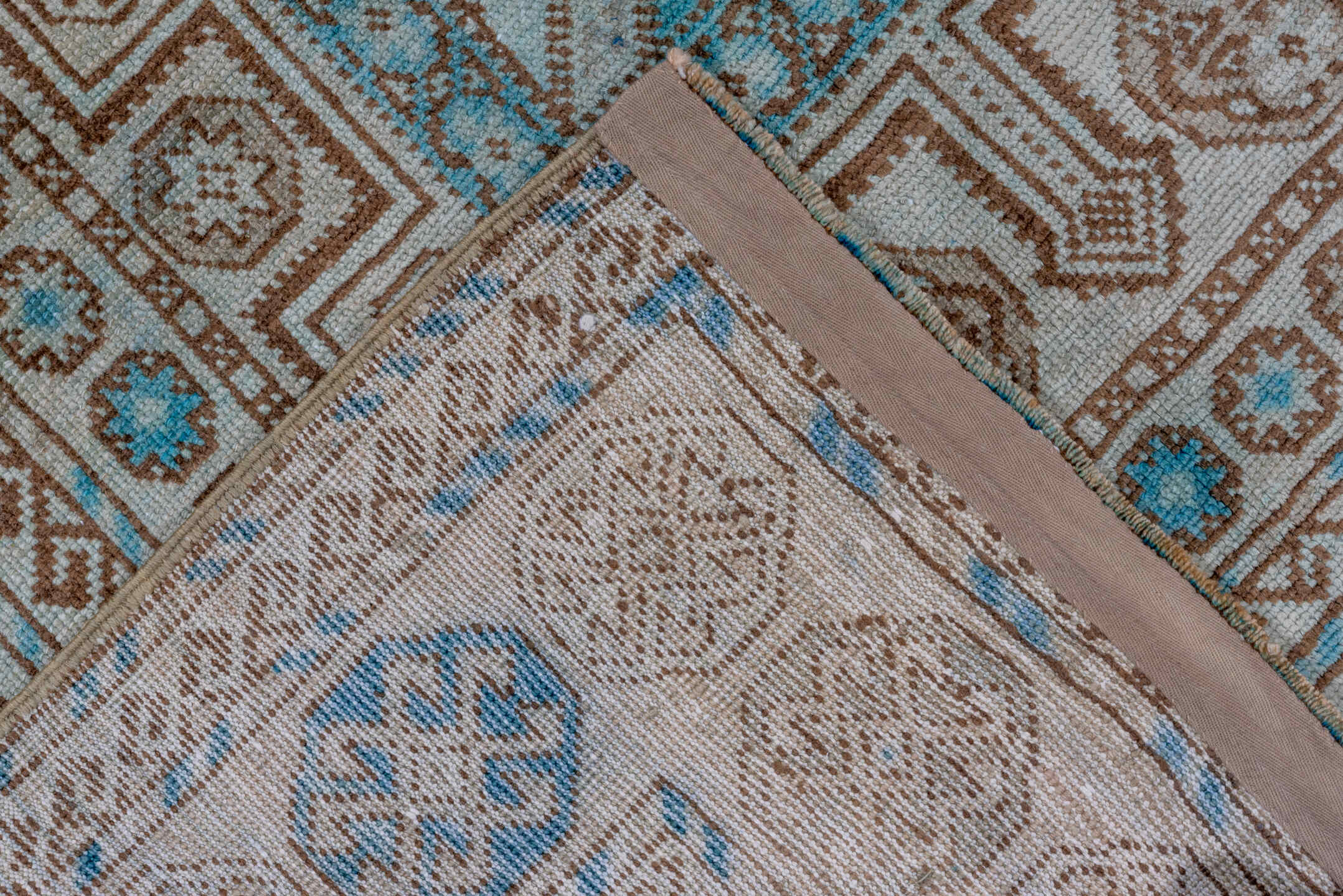 6' x 9' one-of-a-kind handmade vintage Turkish medium size rug. Color palette: ivory, brown, sky_blue, taupe, camel