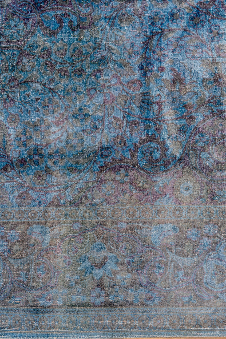 5' x 9' one-of-a-kind handmade vintage Overdyed medium size rug. Color palette: blue, gray, light blue, light steel blue
