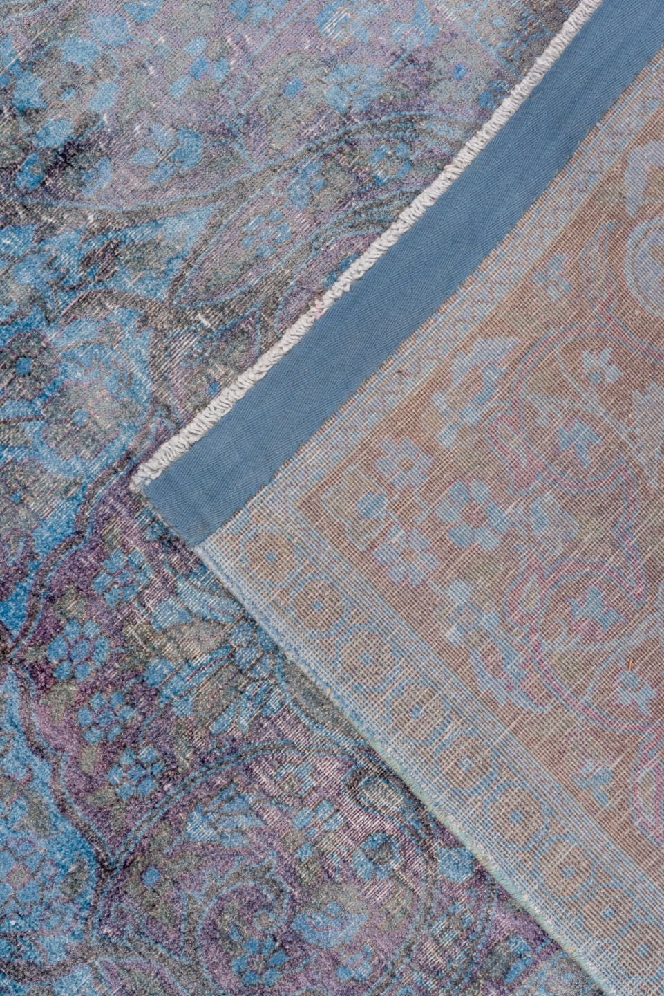 5' x 9' one-of-a-kind handmade antique Overdyed medium size rug. Color palette: sky blue, azure, slate, indigo, lavender