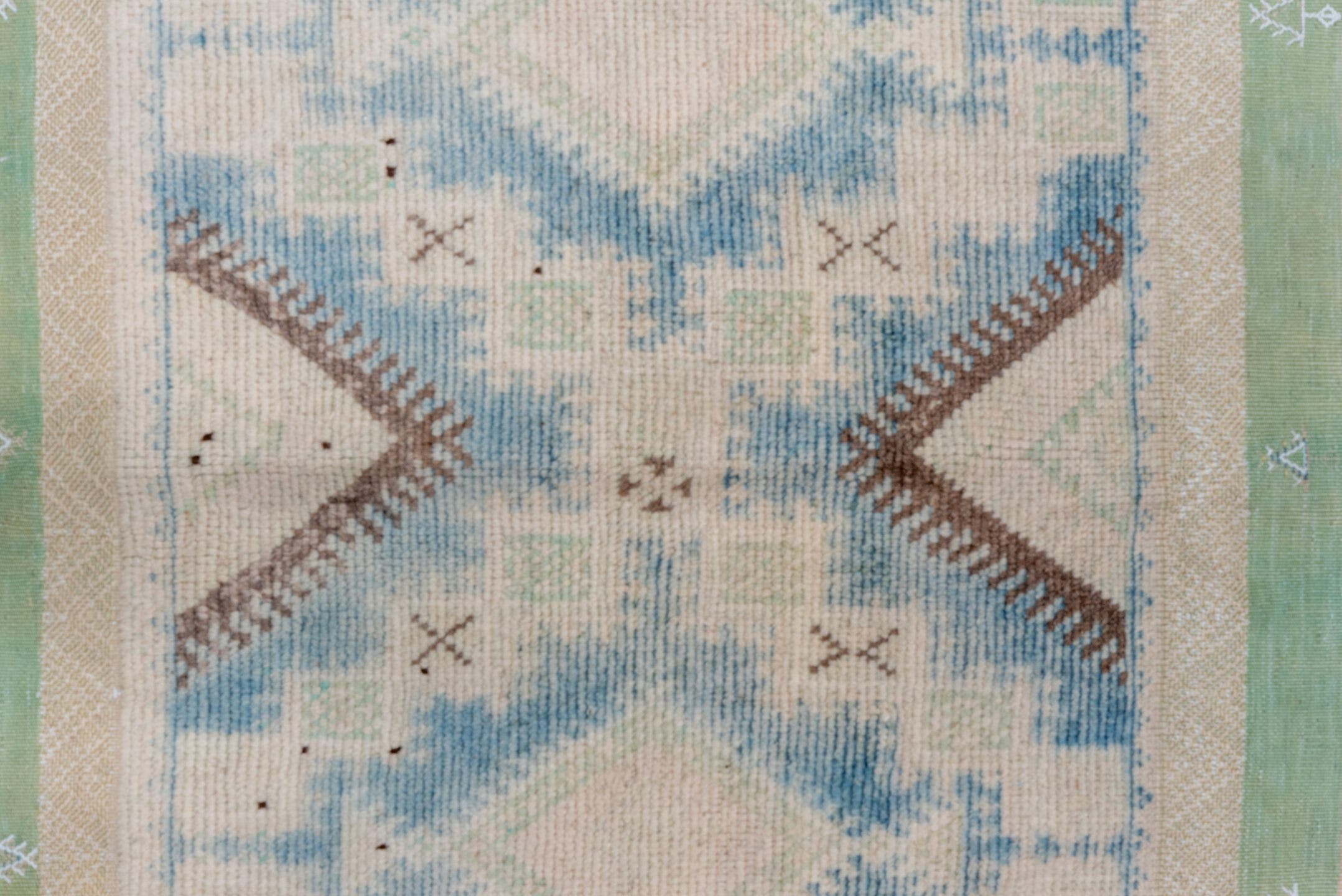 6' x 9' one-of-a-kind handmade antique Moroccan medium size rug. Color palette: ivory, pale blue, sage, blush, taupe, brown