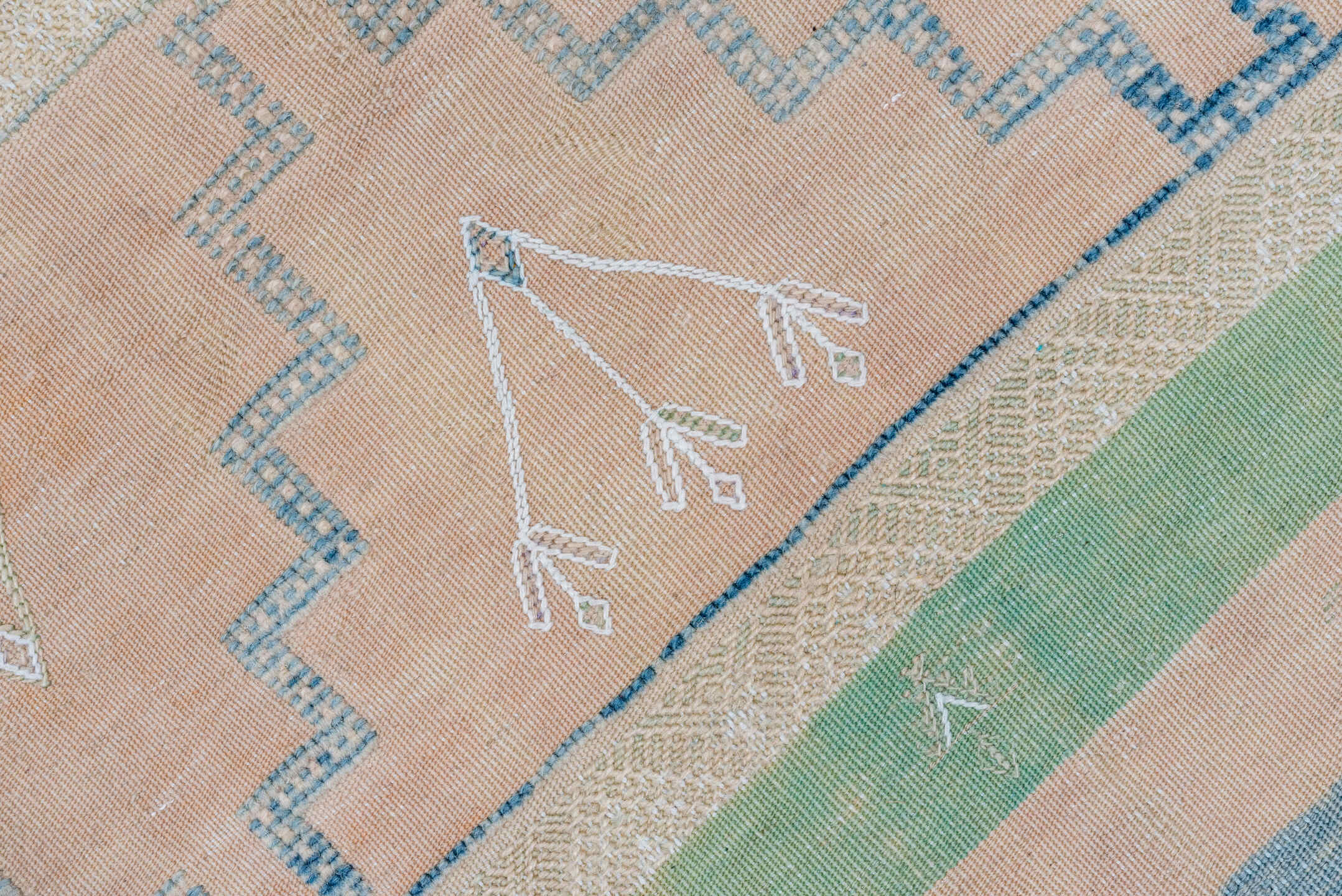 6' x 9' one-of-a-kind handmade antique Moroccan medium size rug. Color palette: ivory, pale blue, sage, blush, taupe, brown