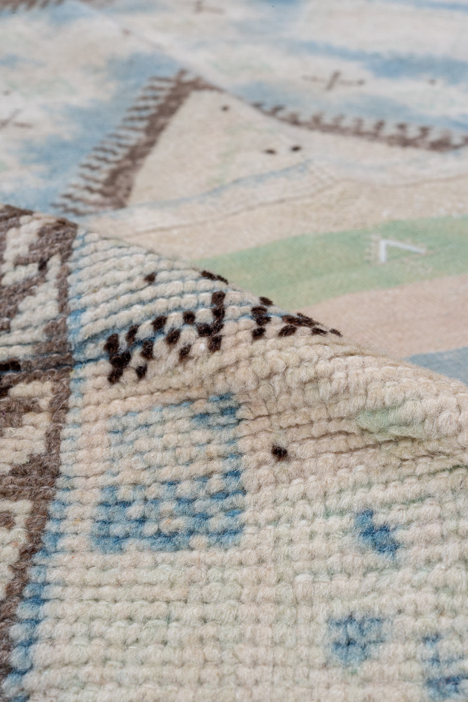 6' x 9' one-of-a-kind handmade antique Moroccan medium size rug. Color palette: ivory, pale blue, sage, blush, taupe, brown