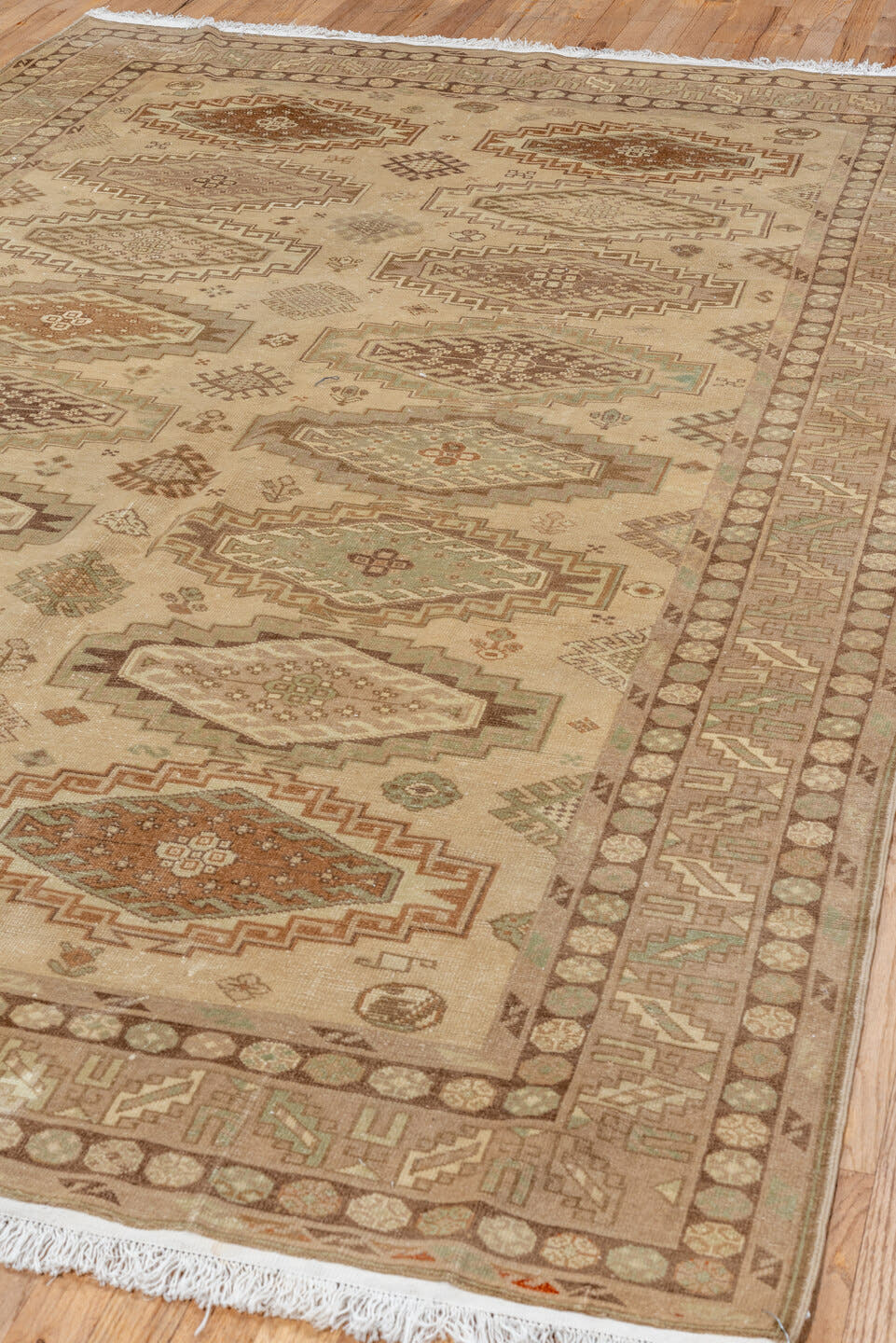 6' x 9' one-of-a-kind handmade antique Derband medium size rug. Color palette: ivory, taupe, camel, sage, brown, sand, rust