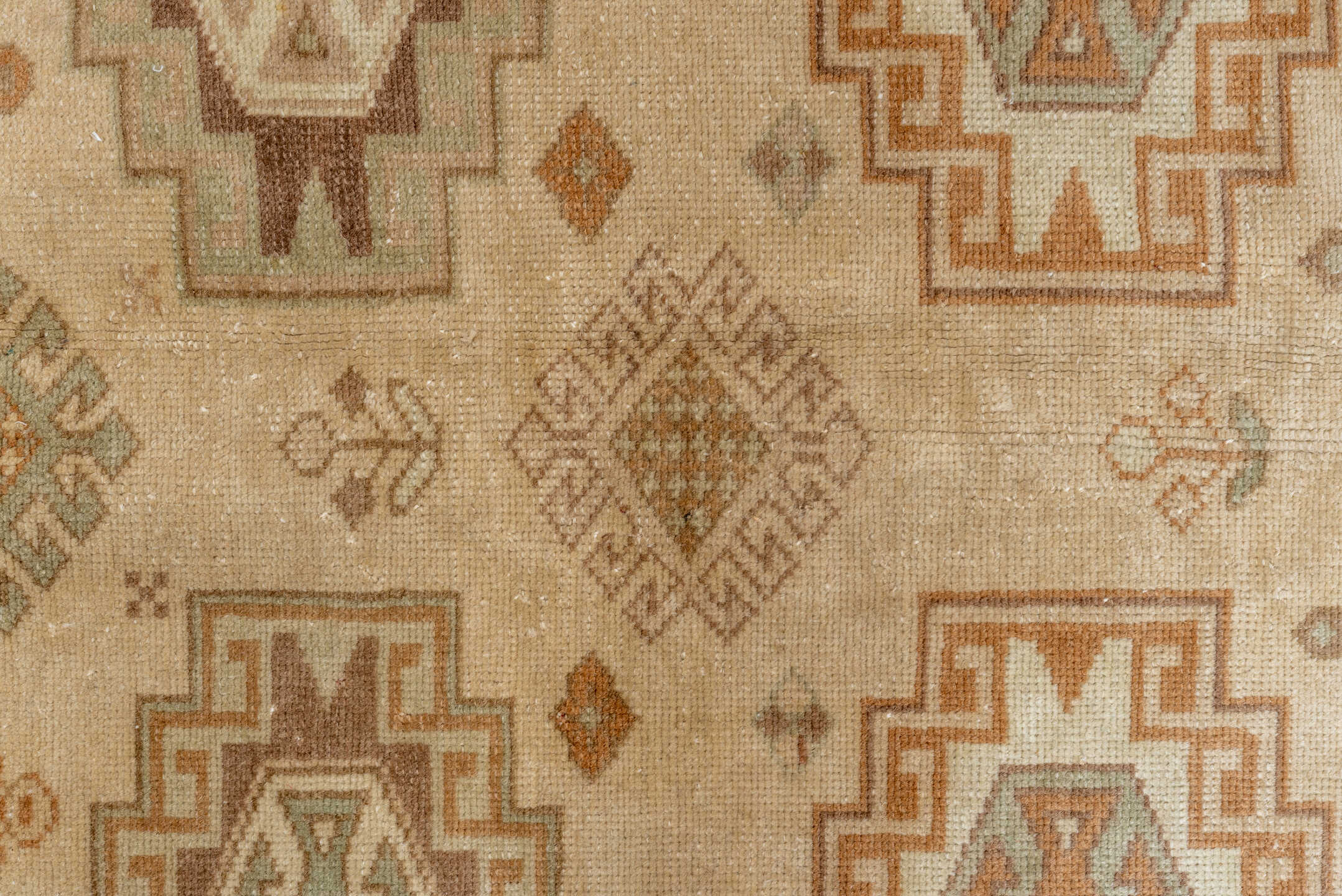 6' x 9' one-of-a-kind handmade antique Derband medium size rug. Color palette: ivory, taupe, camel, sage, brown, sand, rust