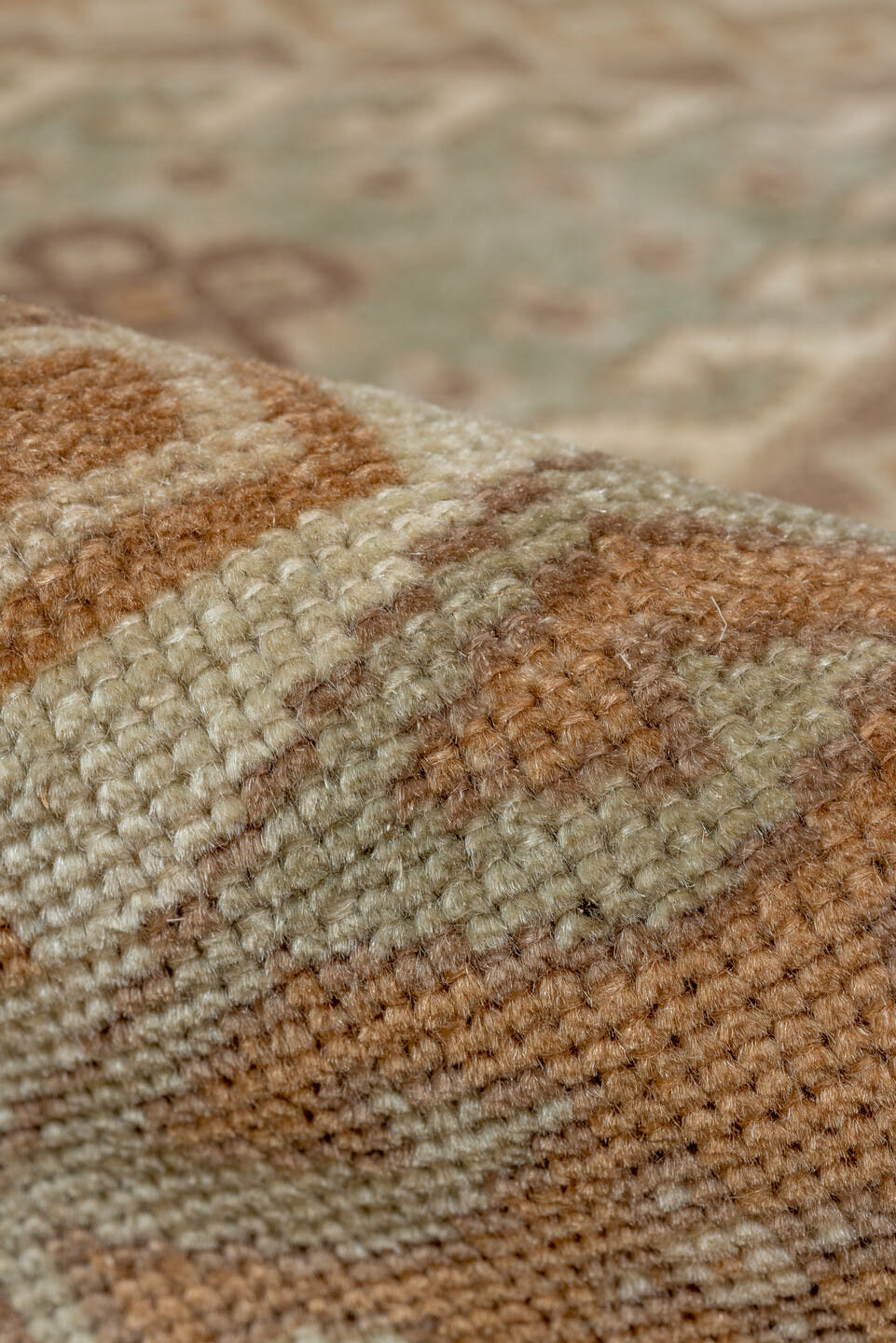 6' x 9' one-of-a-kind handmade antique Derband medium size rug. Color palette: ivory, taupe, camel, sage, brown, sand, rust