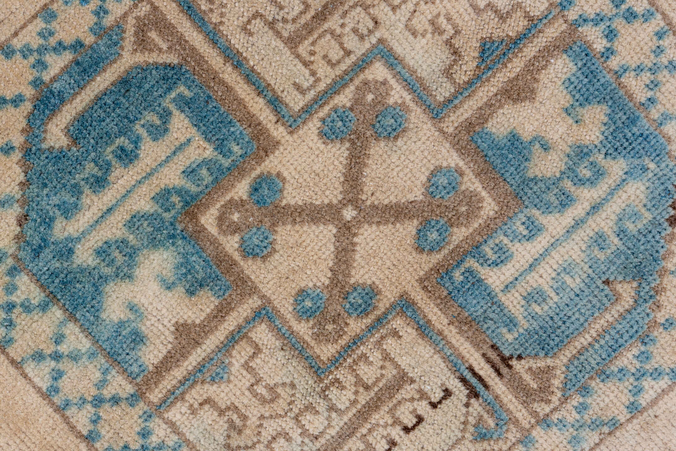 7' x 10' one-of-a-kind handmade antique Afghan large size rug. Color palette: ivory, aqua, beige, taupe, camel, teal, gray