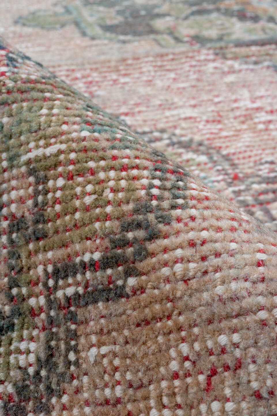 2' x 10' one-of-a-kind handmade antique Oushak runner rug. Color palette: blush, taupe, brown, sage, ivory, rose, olive