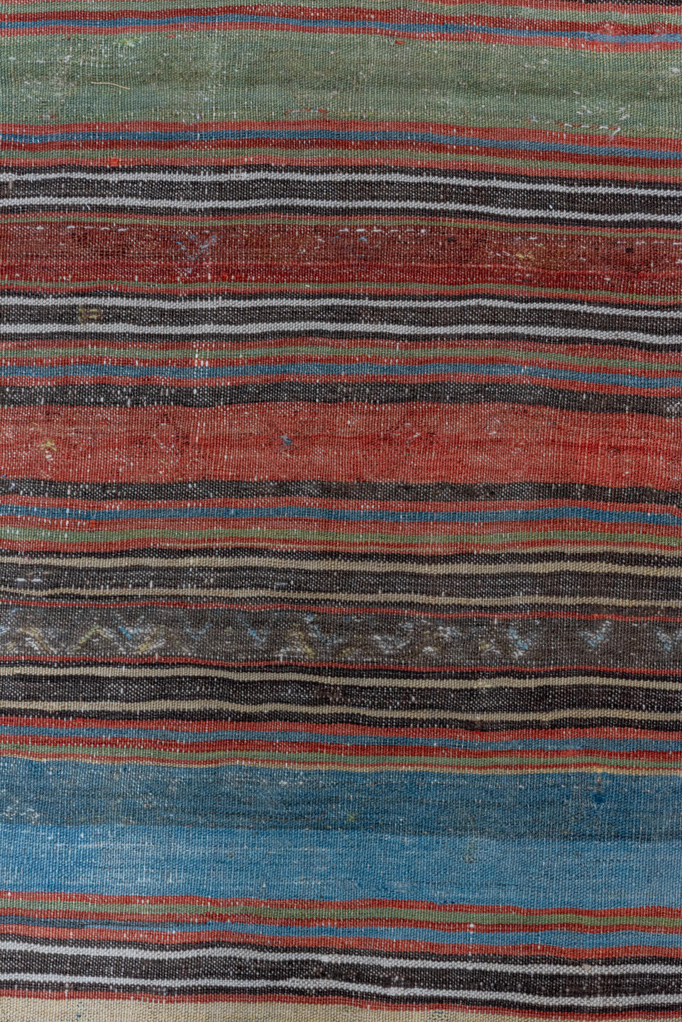 6' x 14' one-of-a-kind handmade antique Kilim large size rug. Color palette: rust, brown, indigo, ivory, sage, charcoal