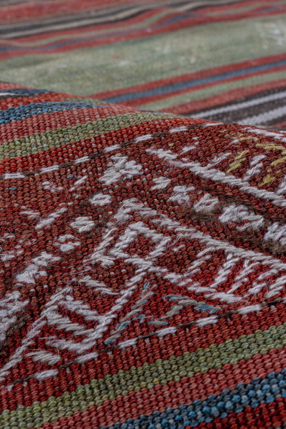 6' x 14' one-of-a-kind handmade antique Kilim large size rug. Color palette: rust, brown, indigo, ivory, sage, charcoal