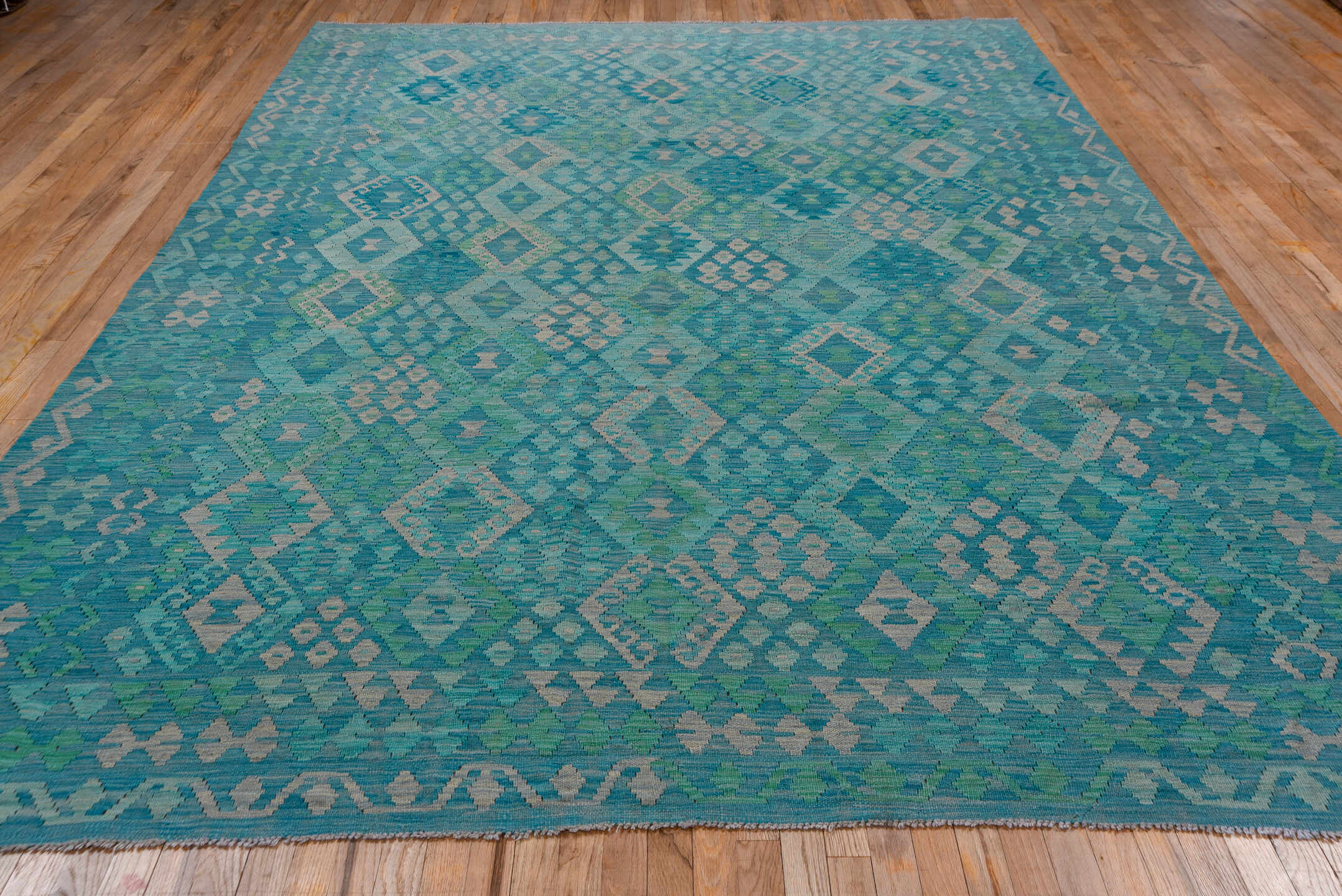 8' x 11' one-of-a-kind handmade vintage Kilim large size rug. Color palette: turquoise, aqua, seafoam, ivory, teal, green