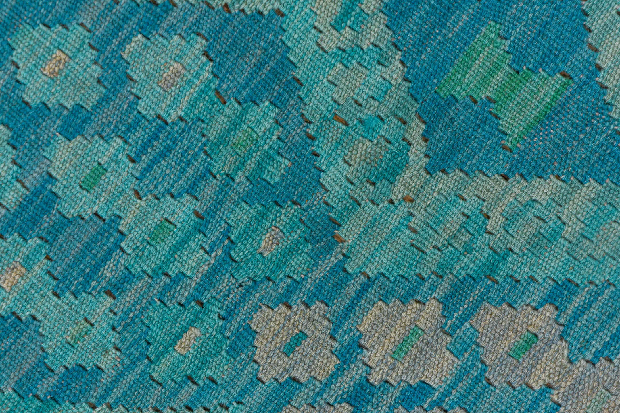 8' x 11' one-of-a-kind handmade vintage Kilim large size rug. Color palette: turquoise, aqua, seafoam, ivory, teal, green