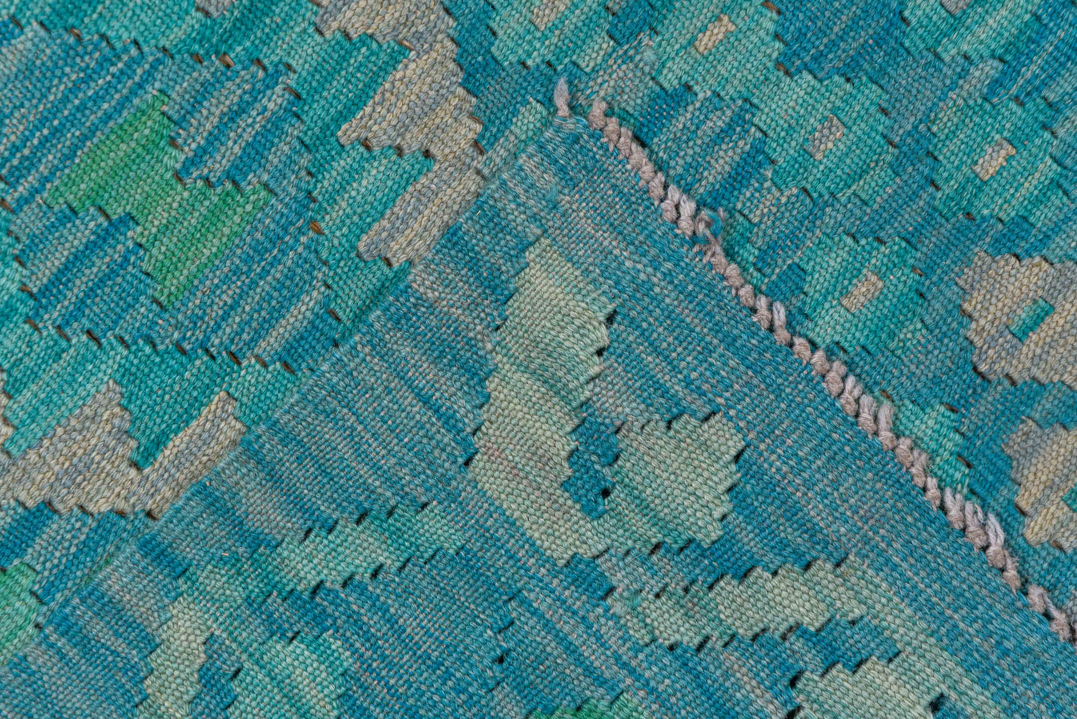 8' x 11' one-of-a-kind handmade vintage Kilim large size rug. Color palette: blue, cadet blue, gray, green, teal