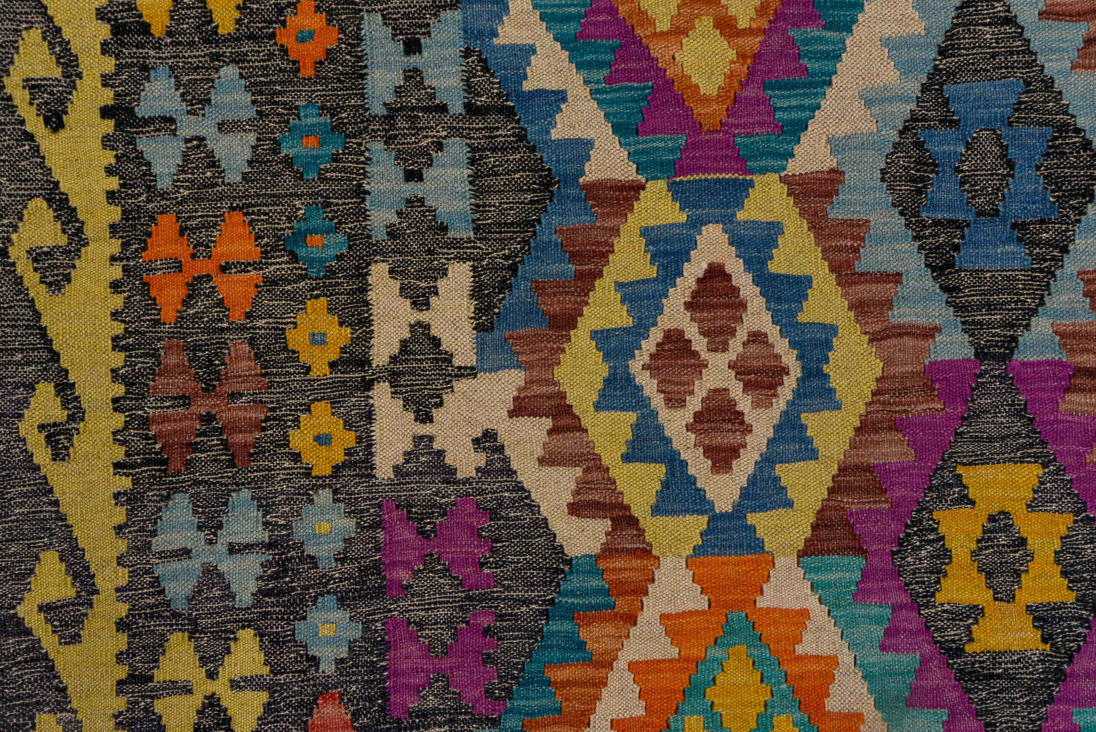 6' x 9' one-of-a-kind handmade vintage Kilim medium size rug. Color palette: gray, ivory, turquoise, orange, magenta, blue
