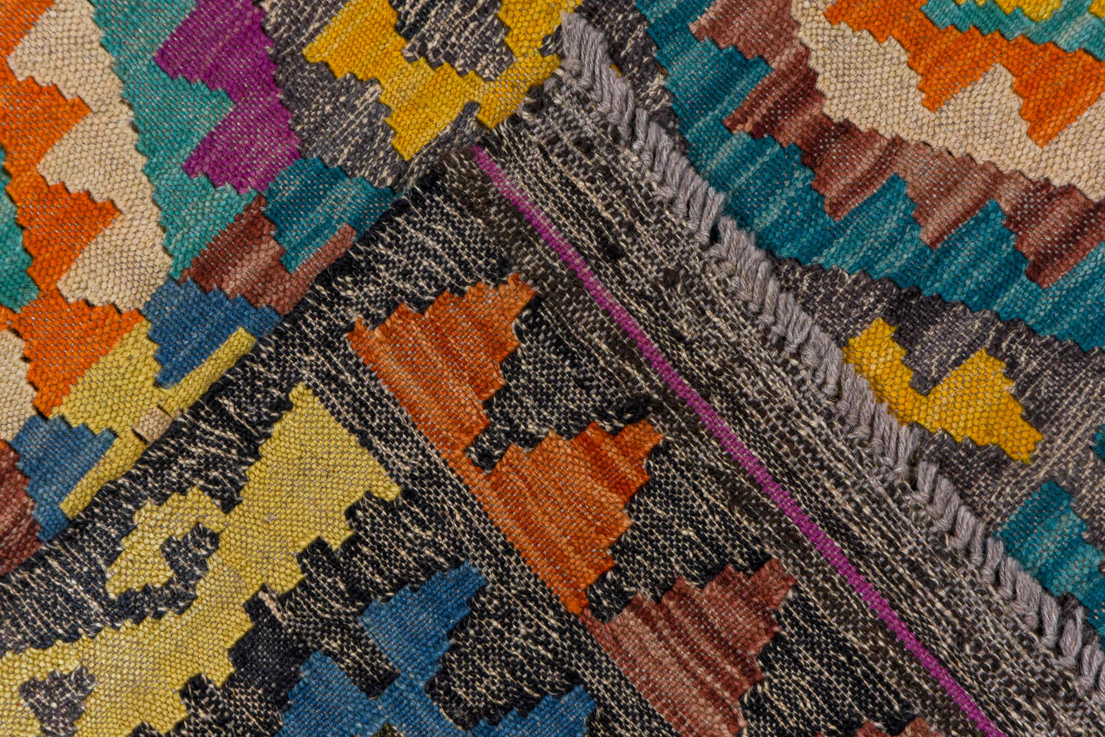 6' x 9' one-of-a-kind handmade vintage Kilim medium size rug. Color palette: gray, ivory, turquoise, orange, magenta, blue