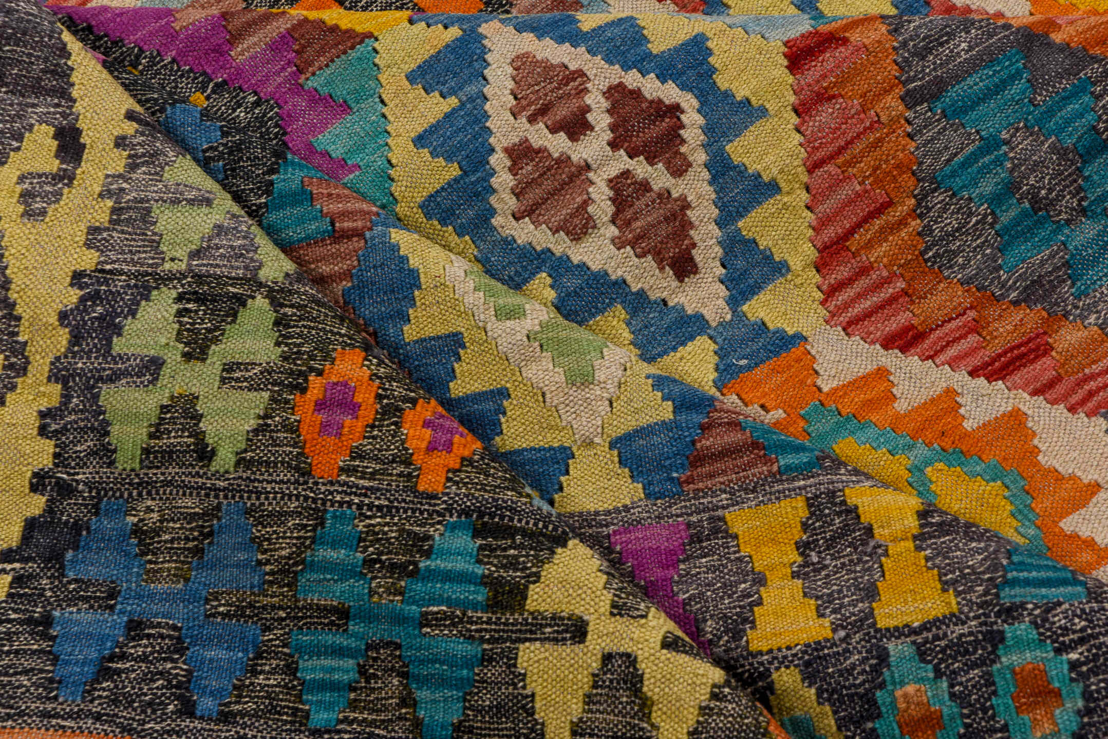 6' x 9' one-of-a-kind handmade vintage Kilim medium size rug. Color palette: gray, ivory, turquoise, orange, magenta, blue
