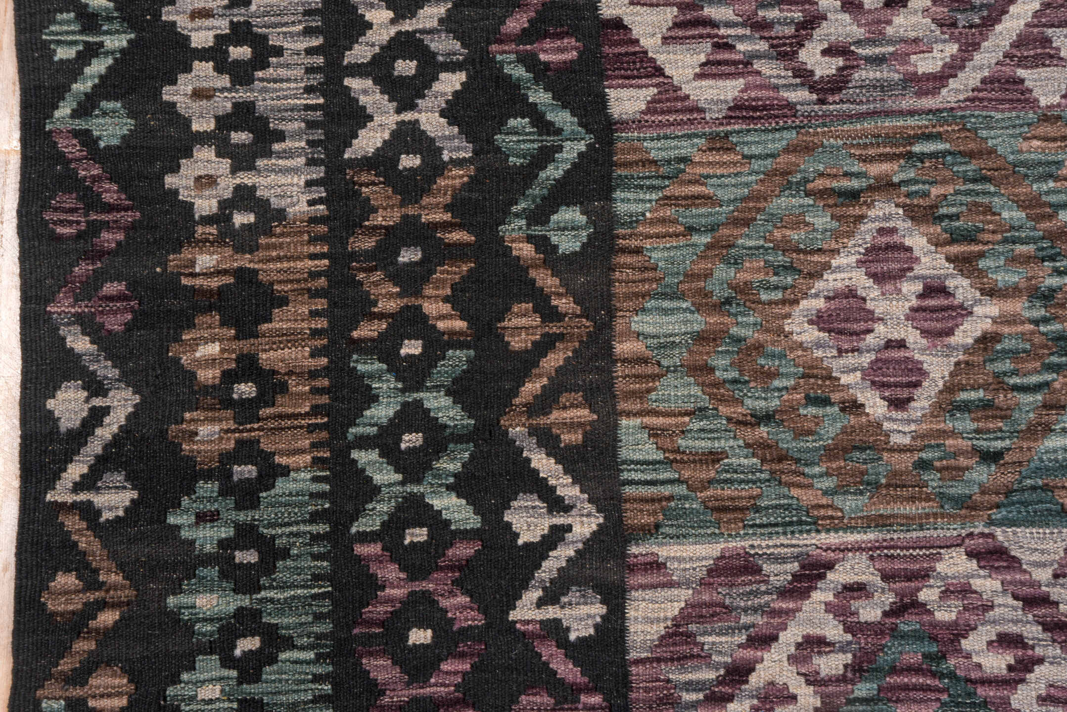 6' x 10' one-of-a-kind handmade vintage Kilim large size rug. Color palette: charcoal, mauve, taupe, teal, ivory, dusty_rose