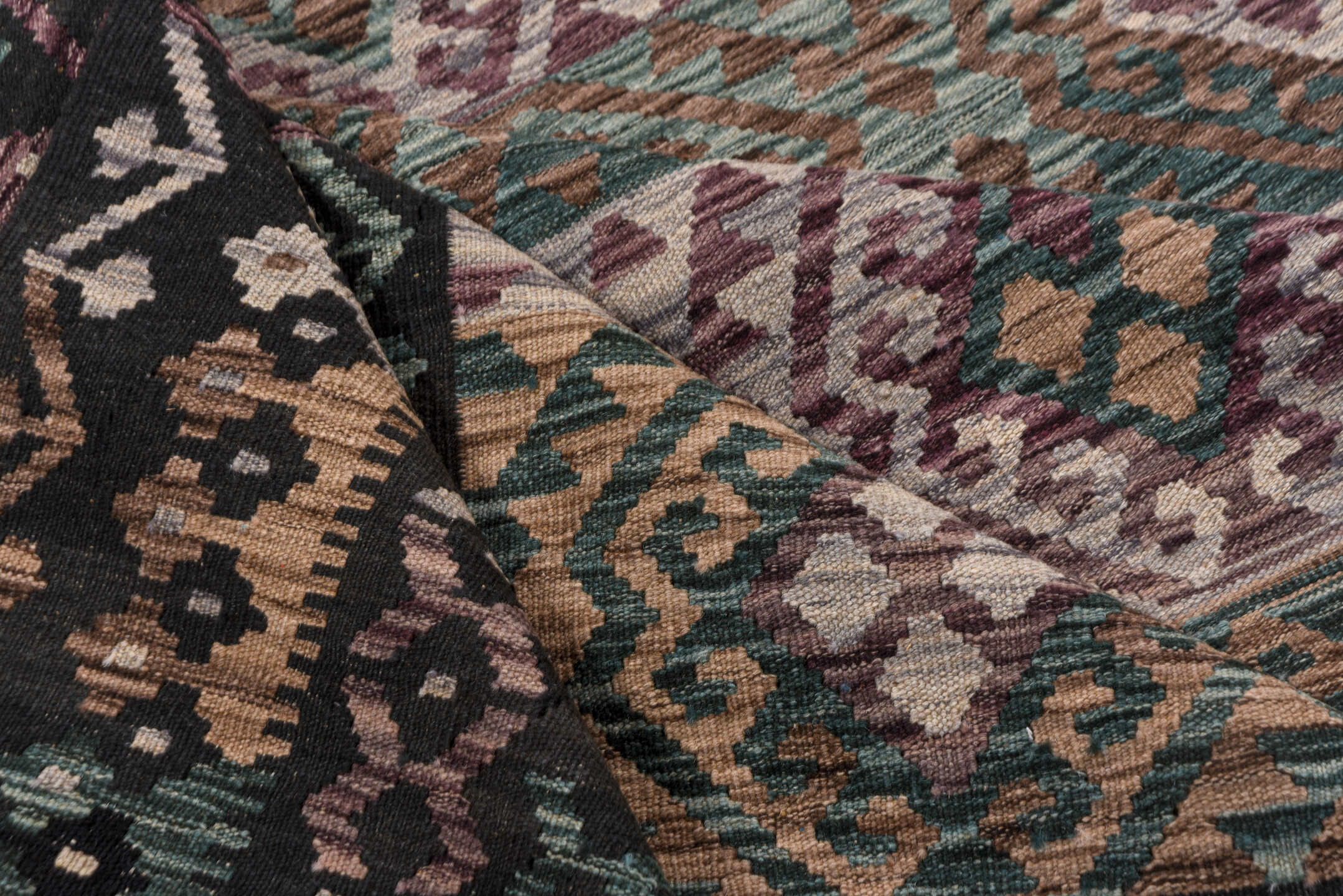 6' x 10' one-of-a-kind handmade vintage Kilim large size rug. Color palette: black, brown, charcoal, dim gray, gray, pink