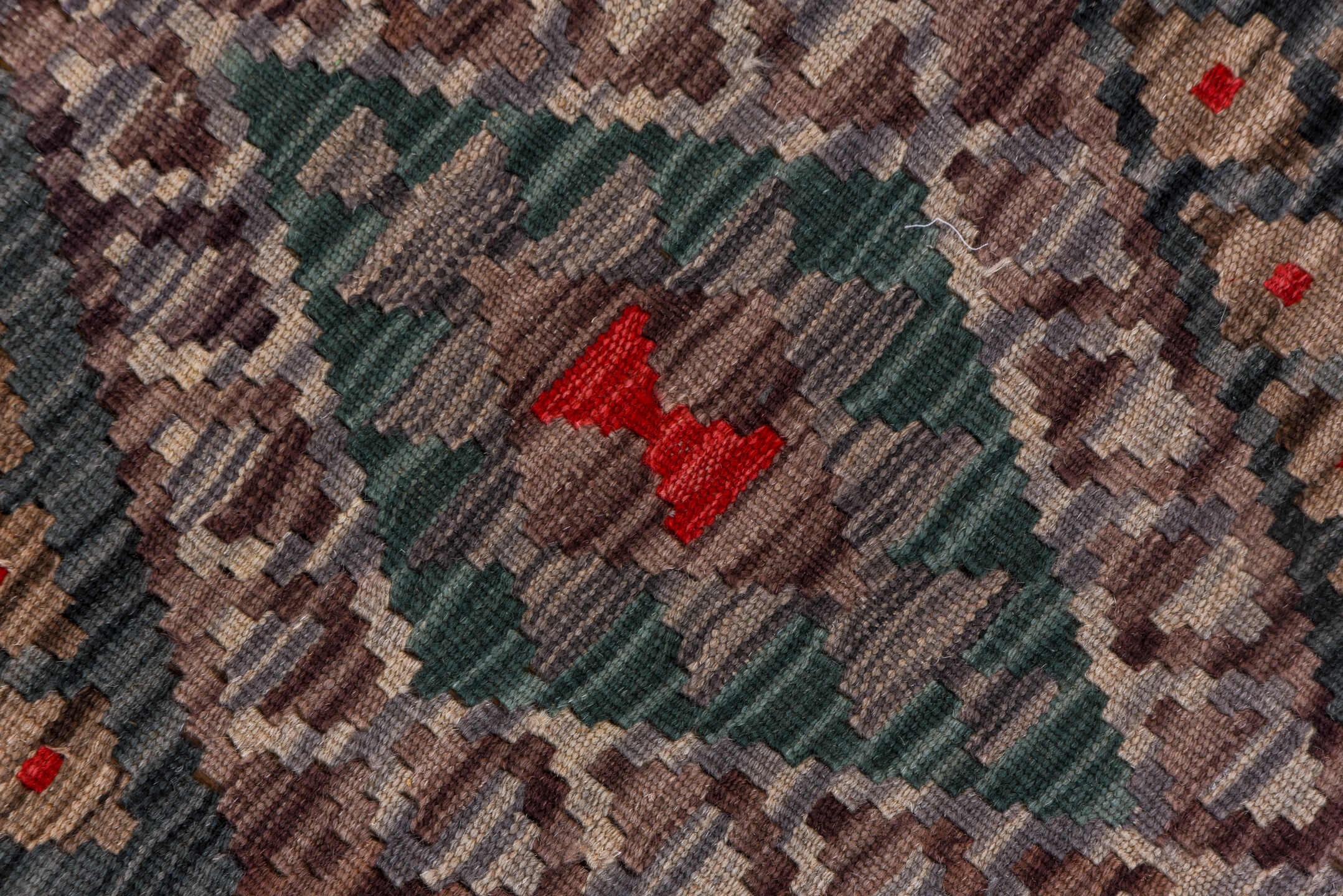 6' x 7' one-of-a-kind handmade vintage Kilim rug. Color palette: charcoal, taupe, sage, ivory, rose, crimson, brown, ochre
