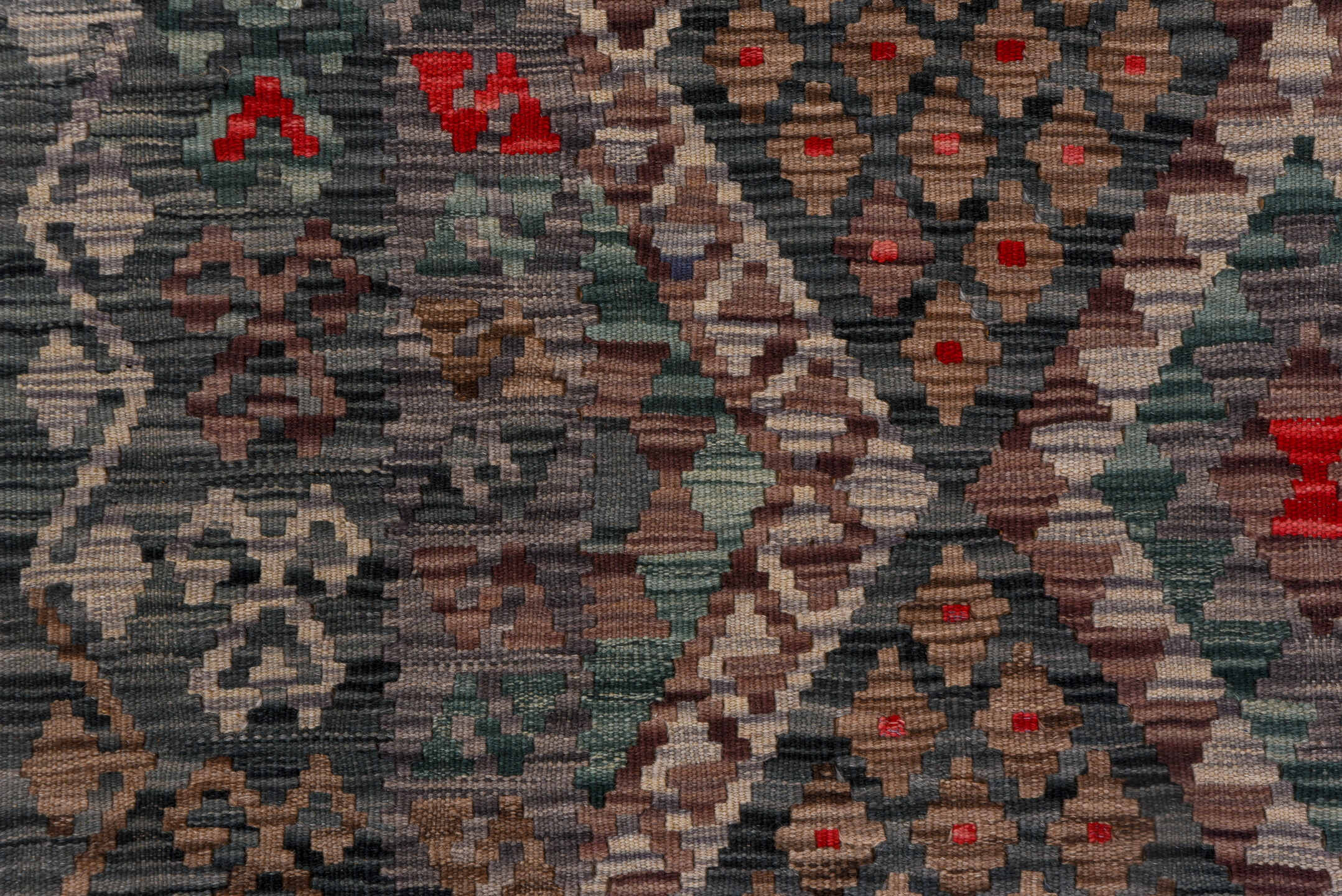 6' x 7' one-of-a-kind handmade vintage Kilim rug. Color palette: charcoal, taupe, sage, ivory, rose, crimson, brown, ochre