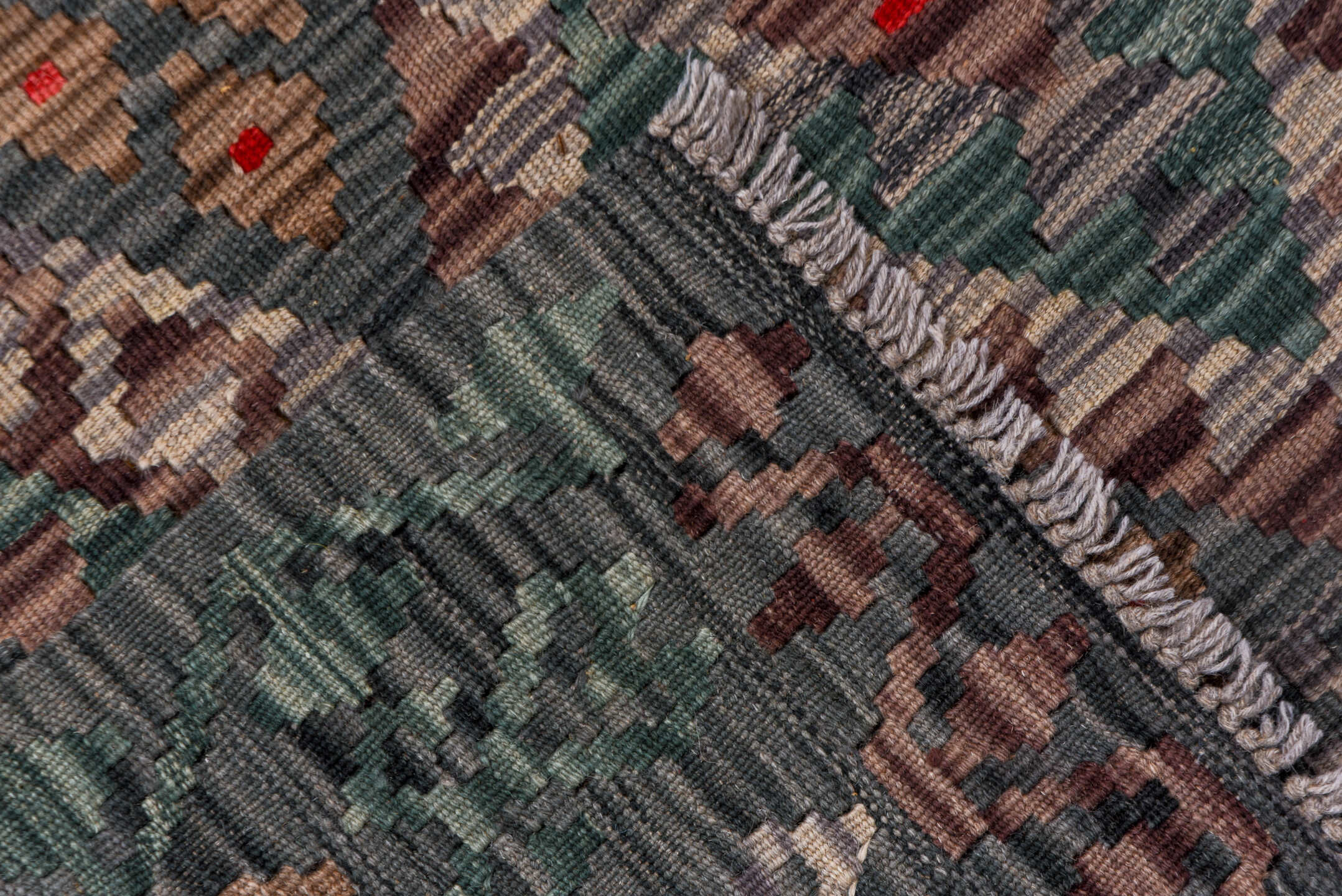 6' x 7' one-of-a-kind handmade vintage Kilim rug. Color palette: charcoal, taupe, sage, ivory, rose, crimson, brown, ochre