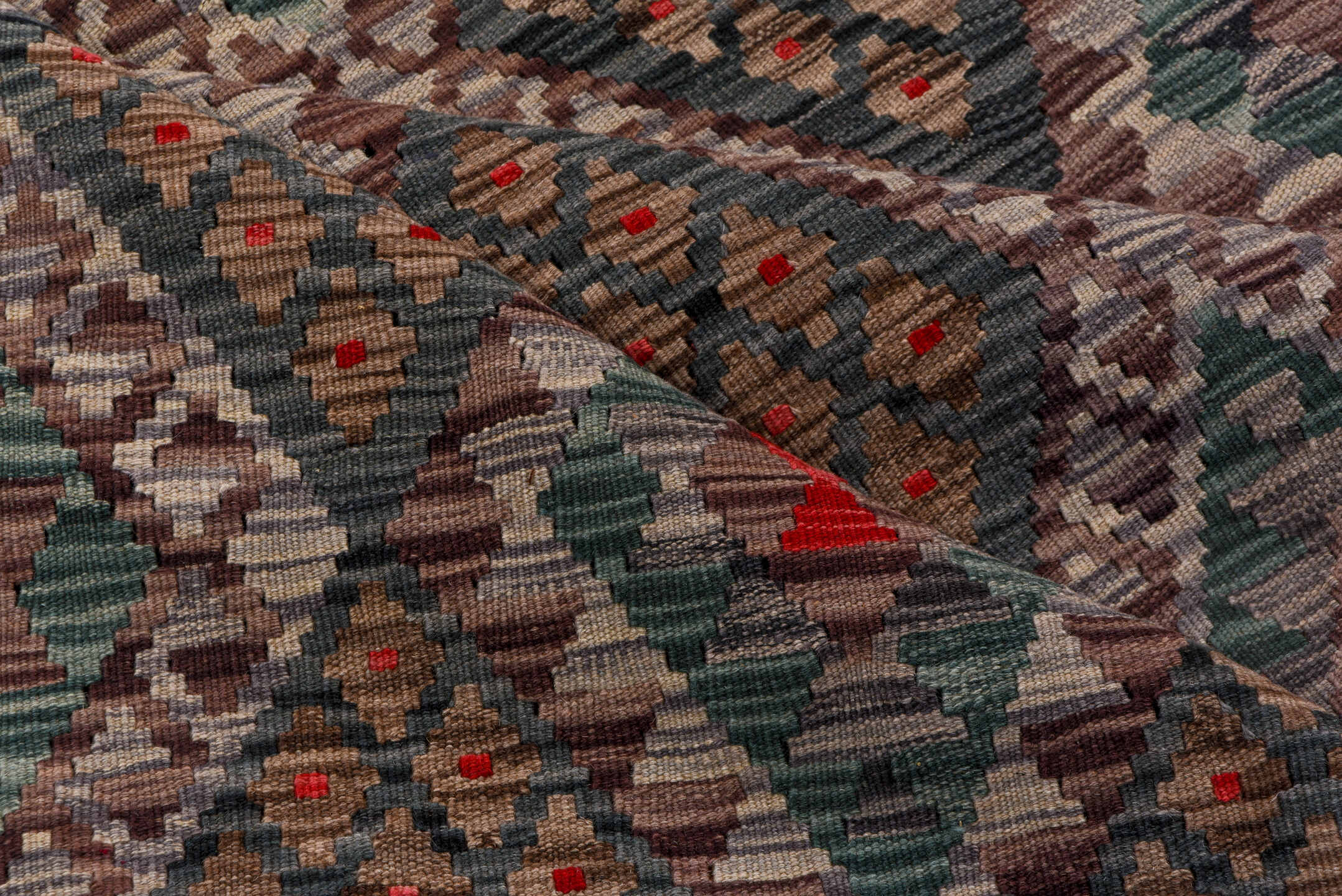 6' x 7' one-of-a-kind handmade vintage Kilim rug. Color palette: charcoal, taupe, sage, ivory, rose, crimson, brown, ochre