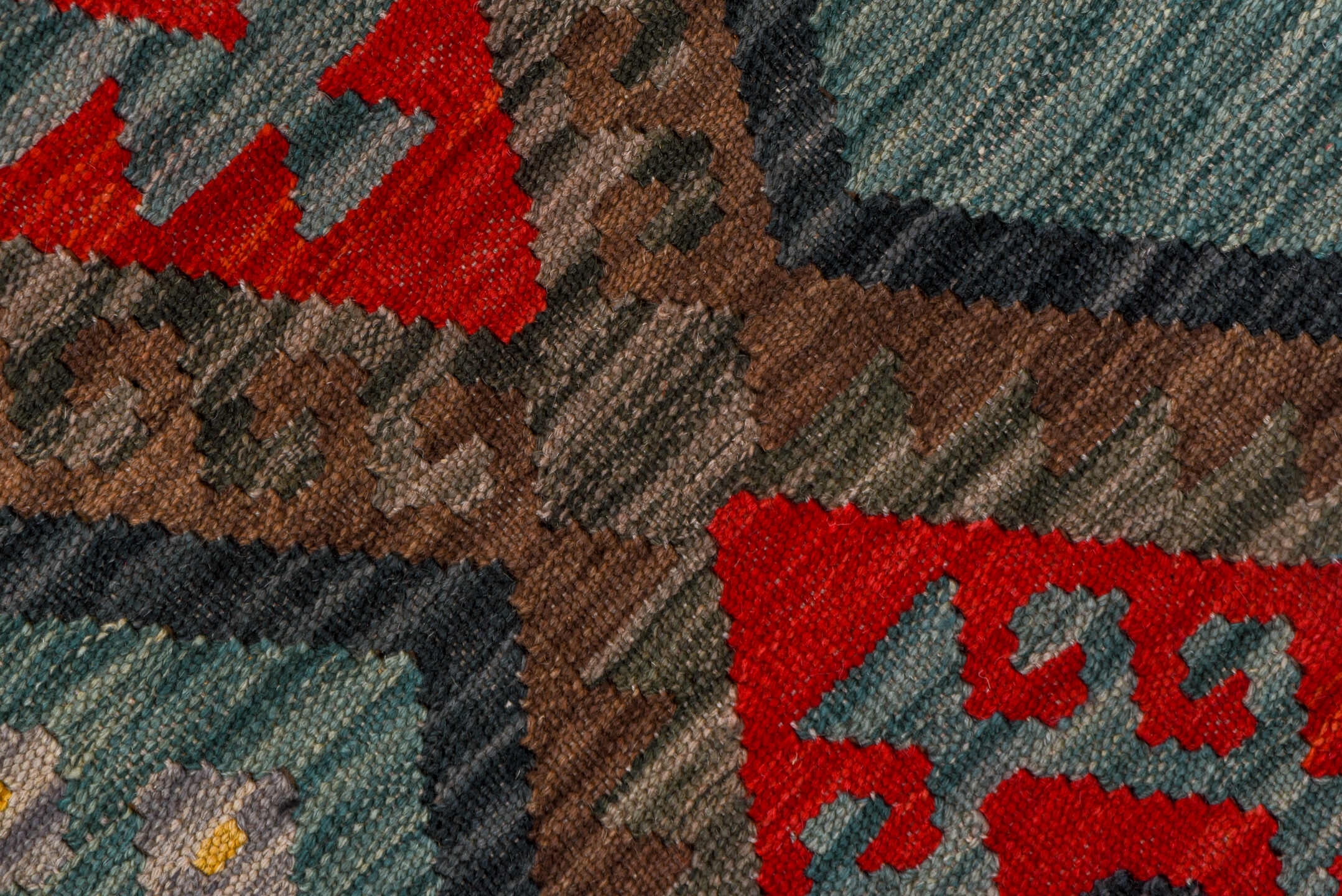 7' x 9' one-of-a-kind handmade vintage Kilim rug. Color palette: aqua, charcoal, crimson, taupe, coral, lavender, ivory