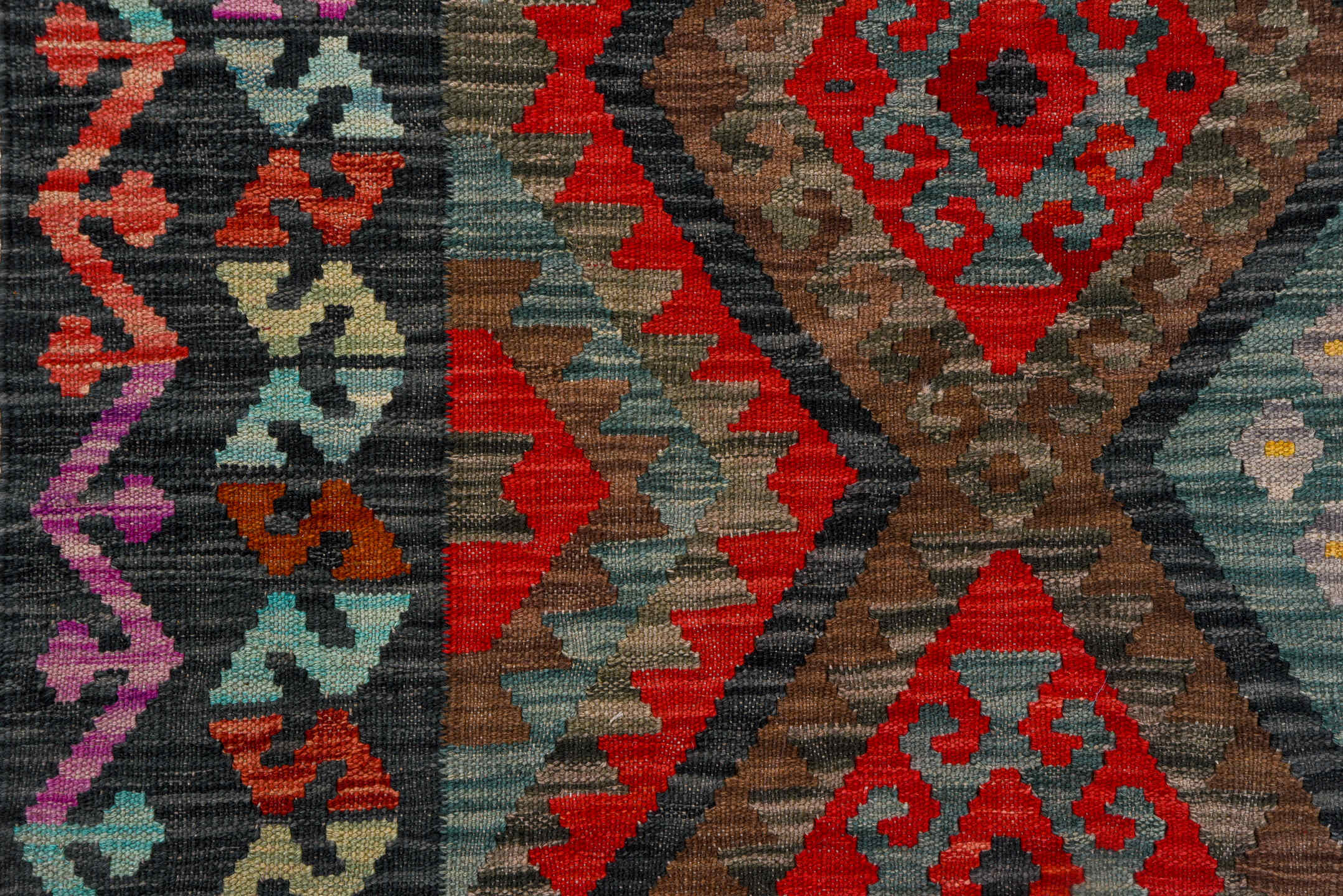 7' x 9' one-of-a-kind handmade vintage Kilim rug. Color palette: aqua, charcoal, crimson, taupe, coral, lavender, ivory