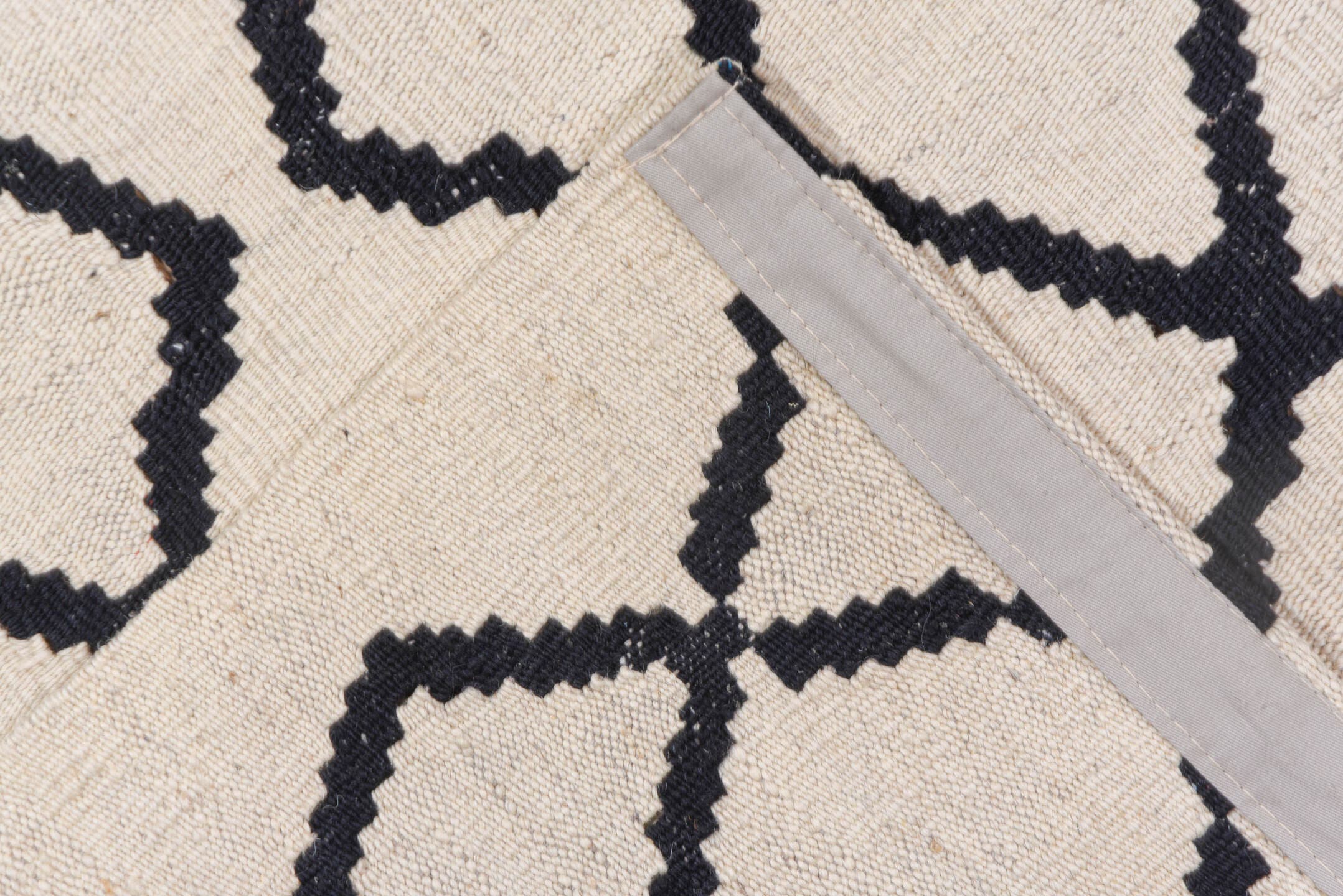 8' x 9' one-of-a-kind handmade vintage Kilim rug. Color palette: ivory, charcoal, gray, black