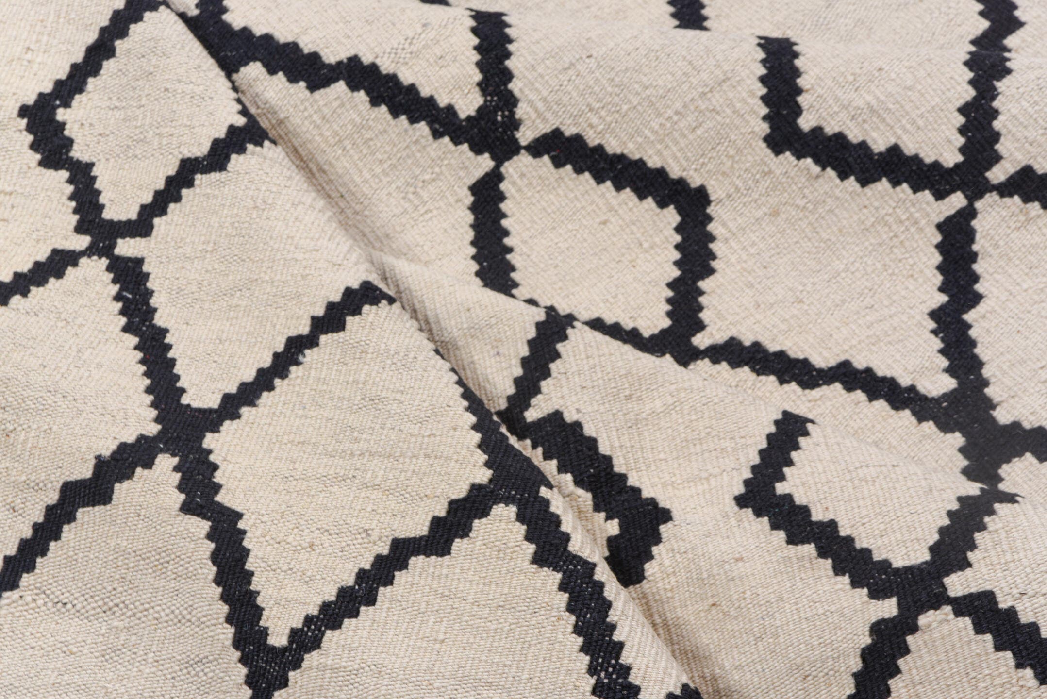 8' x 9' one-of-a-kind handmade vintage Kilim rug. Color palette: ivory, charcoal, gray, black