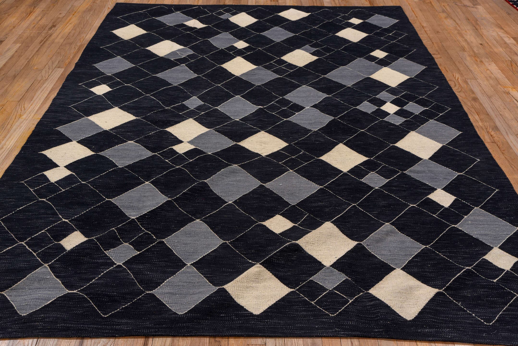 7' x 9' one-of-a-kind handmade vintage Kilim rug. Color palette: indigo, ivory, slate, purple, gray